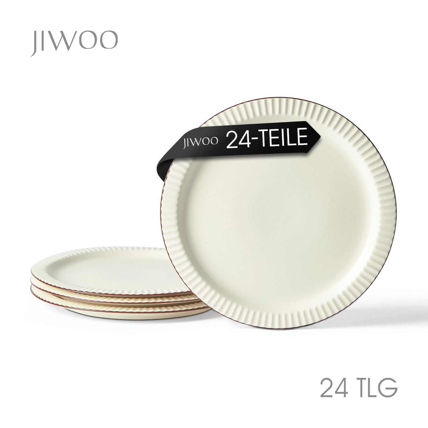 JIWOO Teller 4er Ø25,4cm, Steakteller Salatteller Pastateller Dessertteller Plate, (24 St), Keramik Hochwertiges Tellerset Weiß Mikrowellen spülmaschinenfest