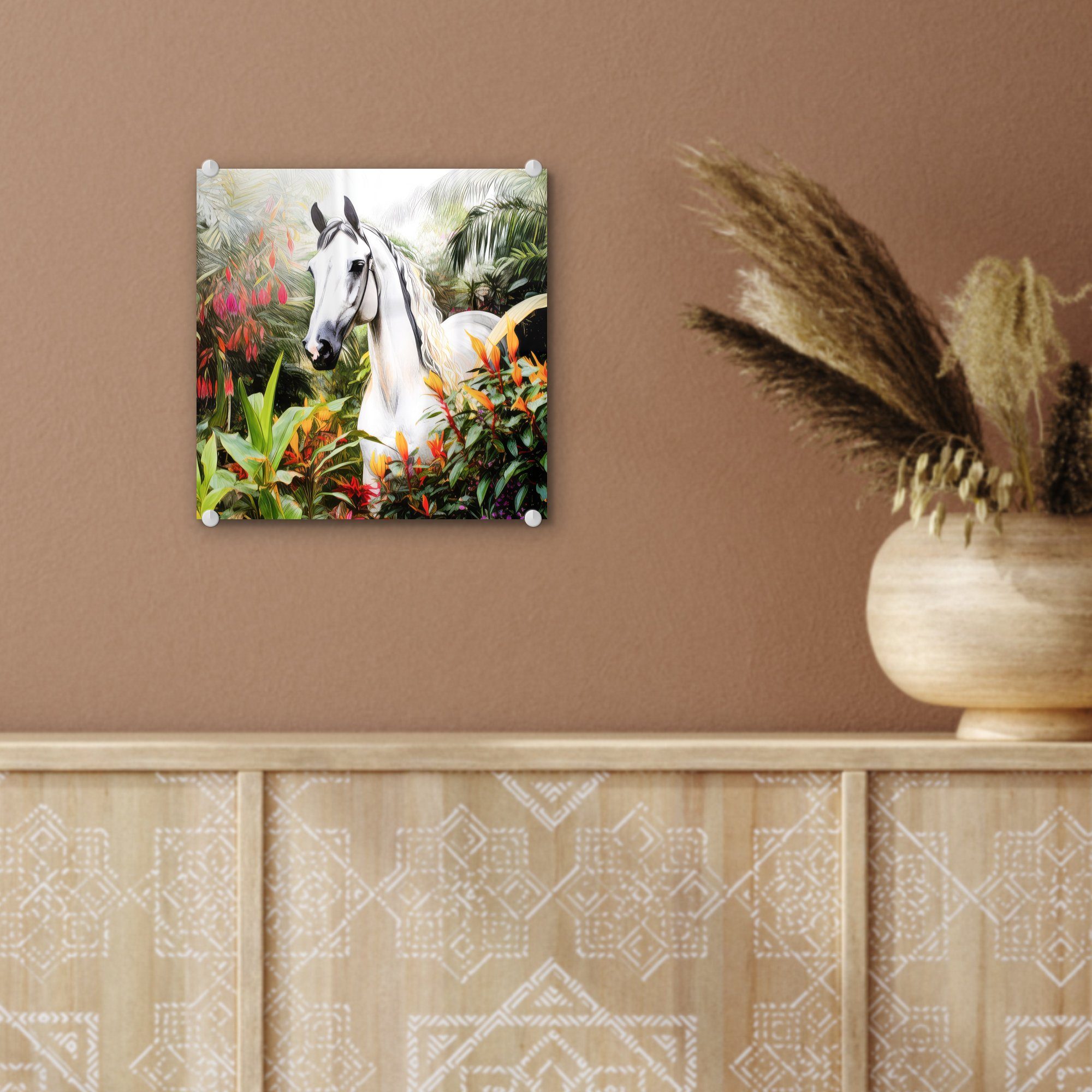 MuchoWow Acrylglasbild Pferd - Weiß Foto Pflanzen, Bilder Wald Wandbild Glas - auf - Wanddekoration - Blumen - (1 auf Glas - Glasbilder - St)