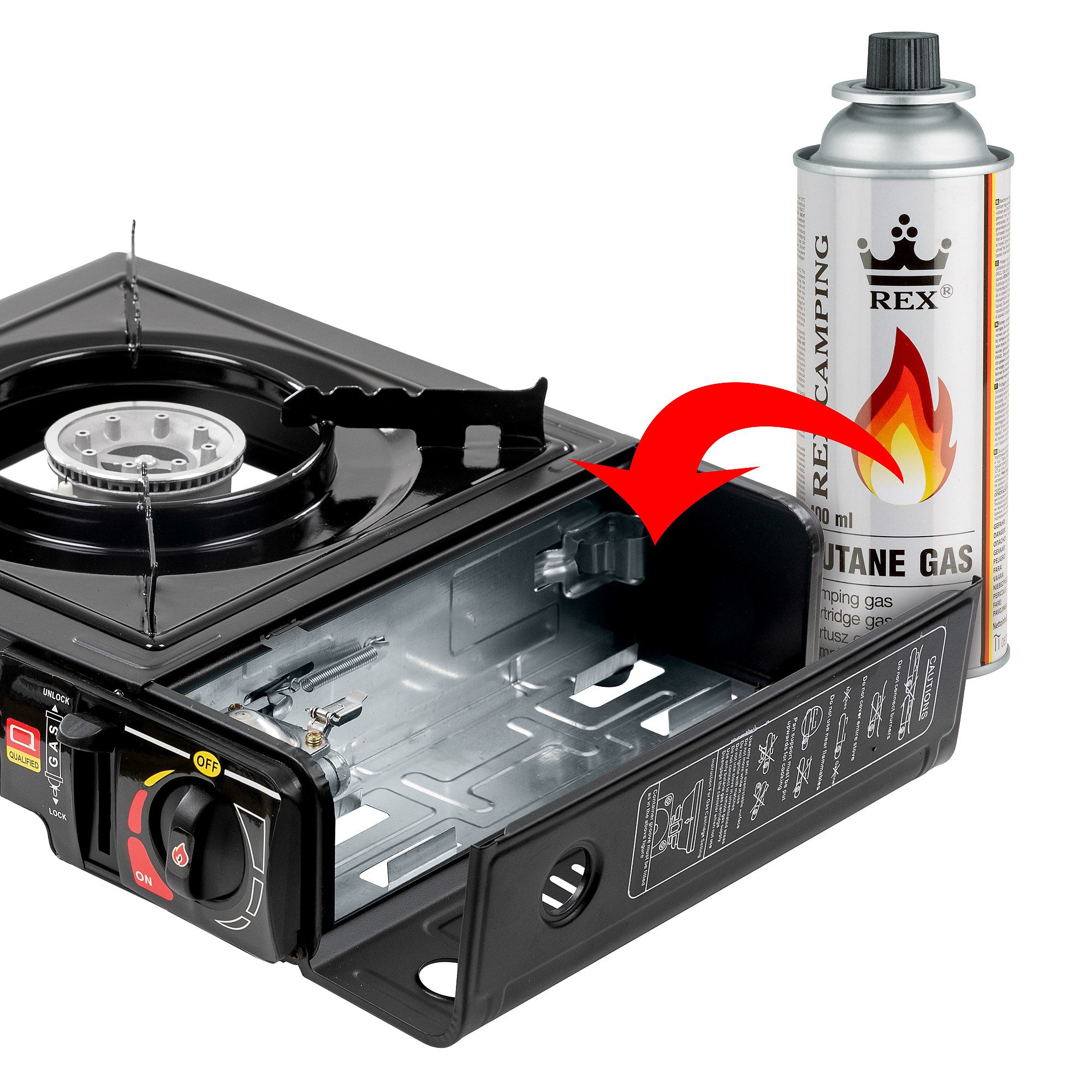 Mianova Camping-Gasgrill 1 flammig Campingkocher Gaskocher + 4 Gasflaschen + Grillplatte Koffer, Gas Gaskocher Gaskartuschen BBQ Barbecue Campingherd Stromausfall Notkocher Grillplatte Herd Tischgrill, Outdoor Camping Notfallkocher Outdoor Grill Notfall für Kartuschen