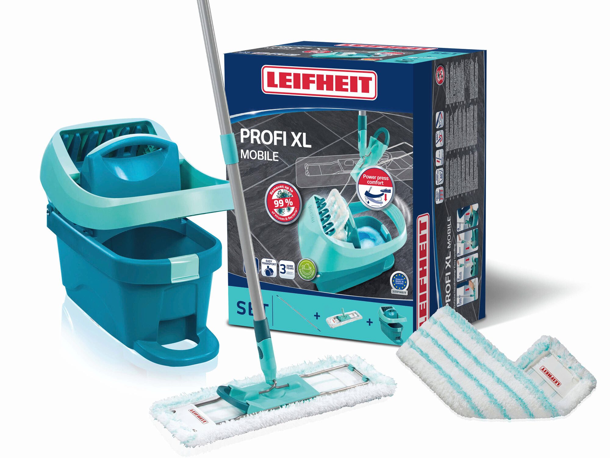 Leifheit Wischmopp Set Wischtuchpresse Profi XL Mobile mit 2x Ersatzbezug micro duo, Waschbarer Bezug, Wischbreite 42cm, mit Rollen, 360° Drehgelenk