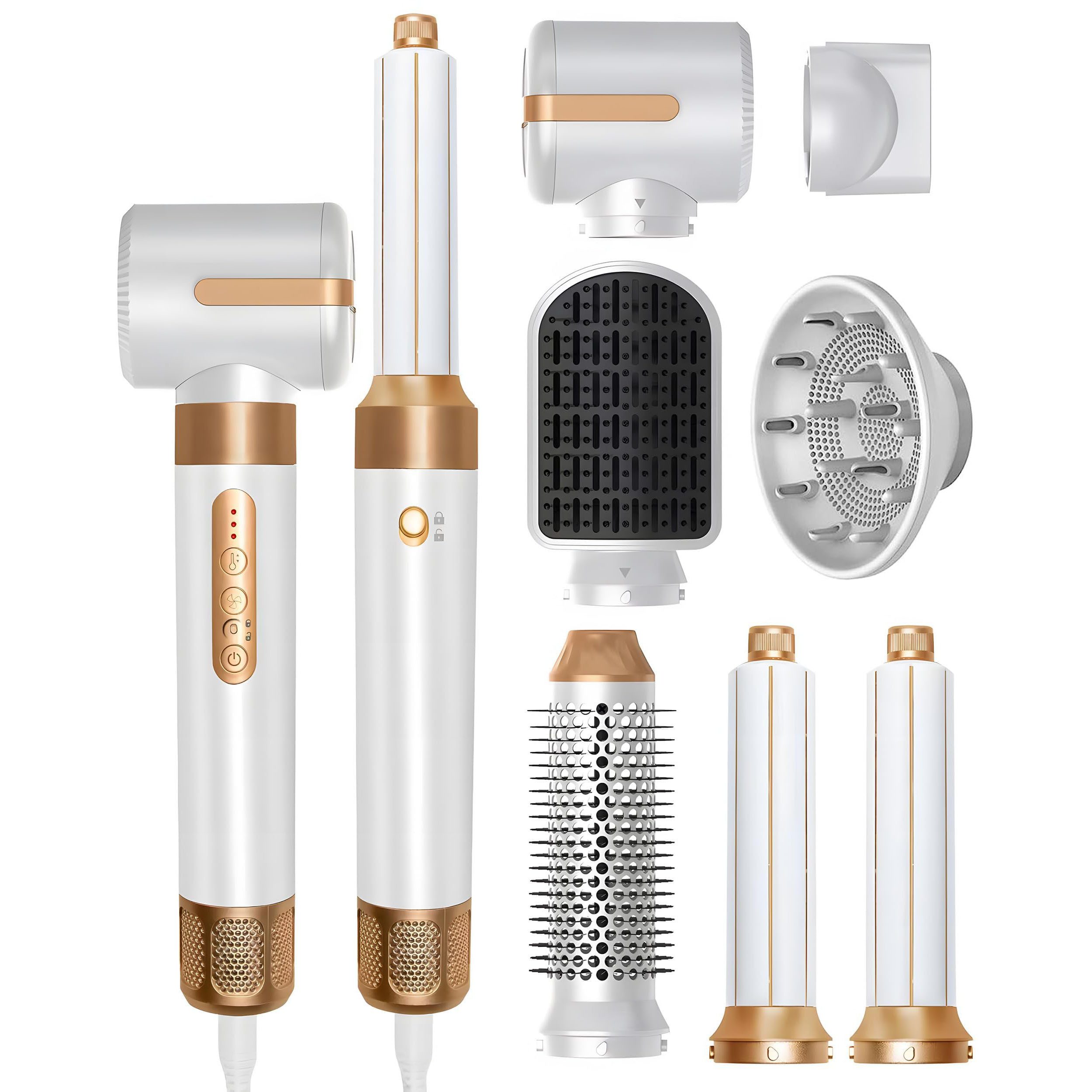 UKLISS Multihaarstyler 7‑in‑1 Multi‑Haarstyling‑Set, 1400‑W‑Haartrockner mit Diffusor, 30‑mm‑Lockenstab, Stylingbürsten zum Trocknen, Locken und Glätten