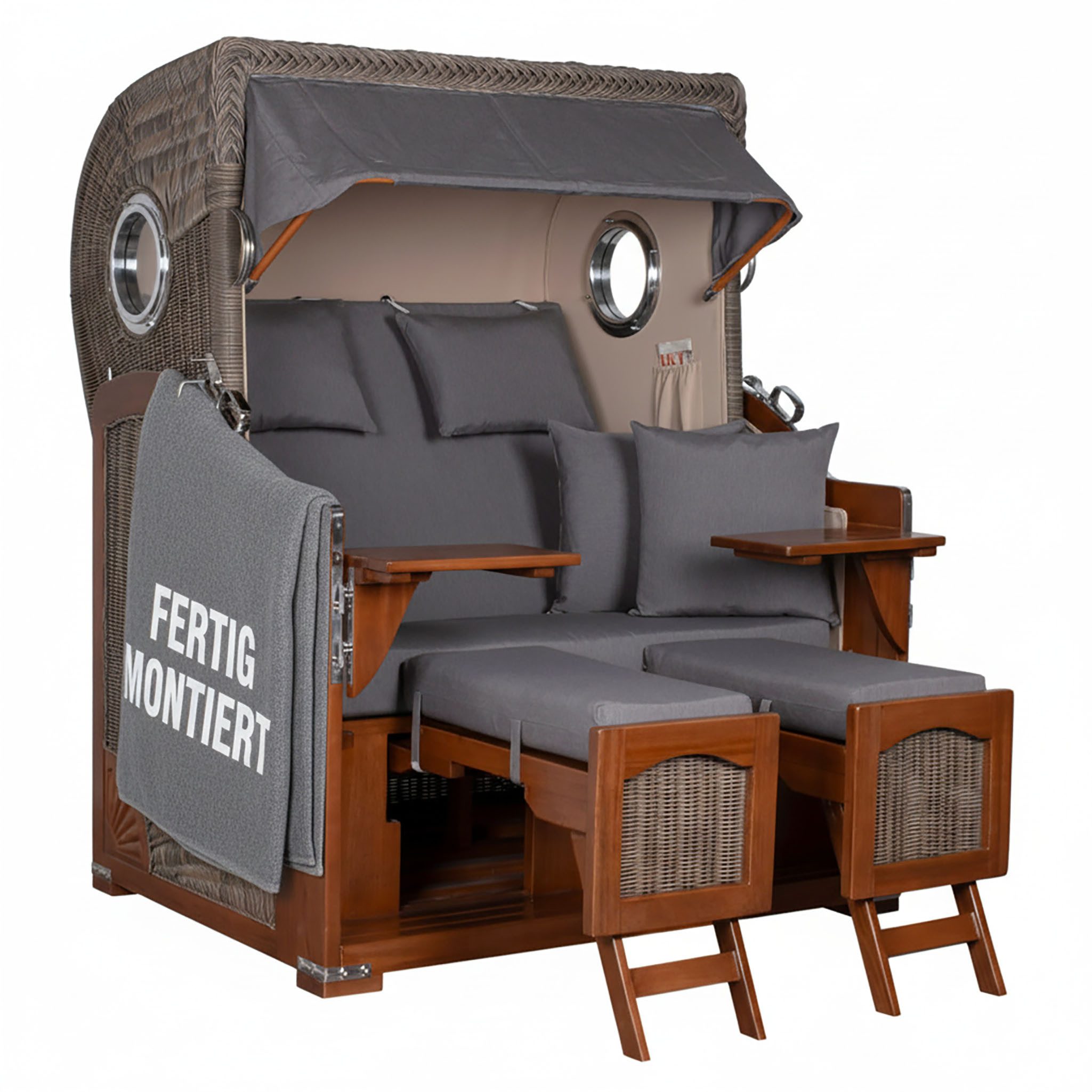 MR.DEKO Strandkorb 2-Sitzer Düne Bullauge Vollholz PE-Geflecht grau 125x170x80, BxTxH: 125x80x170 cm, 2-Sitzer Strandkorb, Strandkorb Düne Bullauge, (Fertig montierter Strandkorb für Garten, Terrasse & Balkon), Wetterfester Volllieger mit Edelstahlbeschlägen & waschbaren Polstern