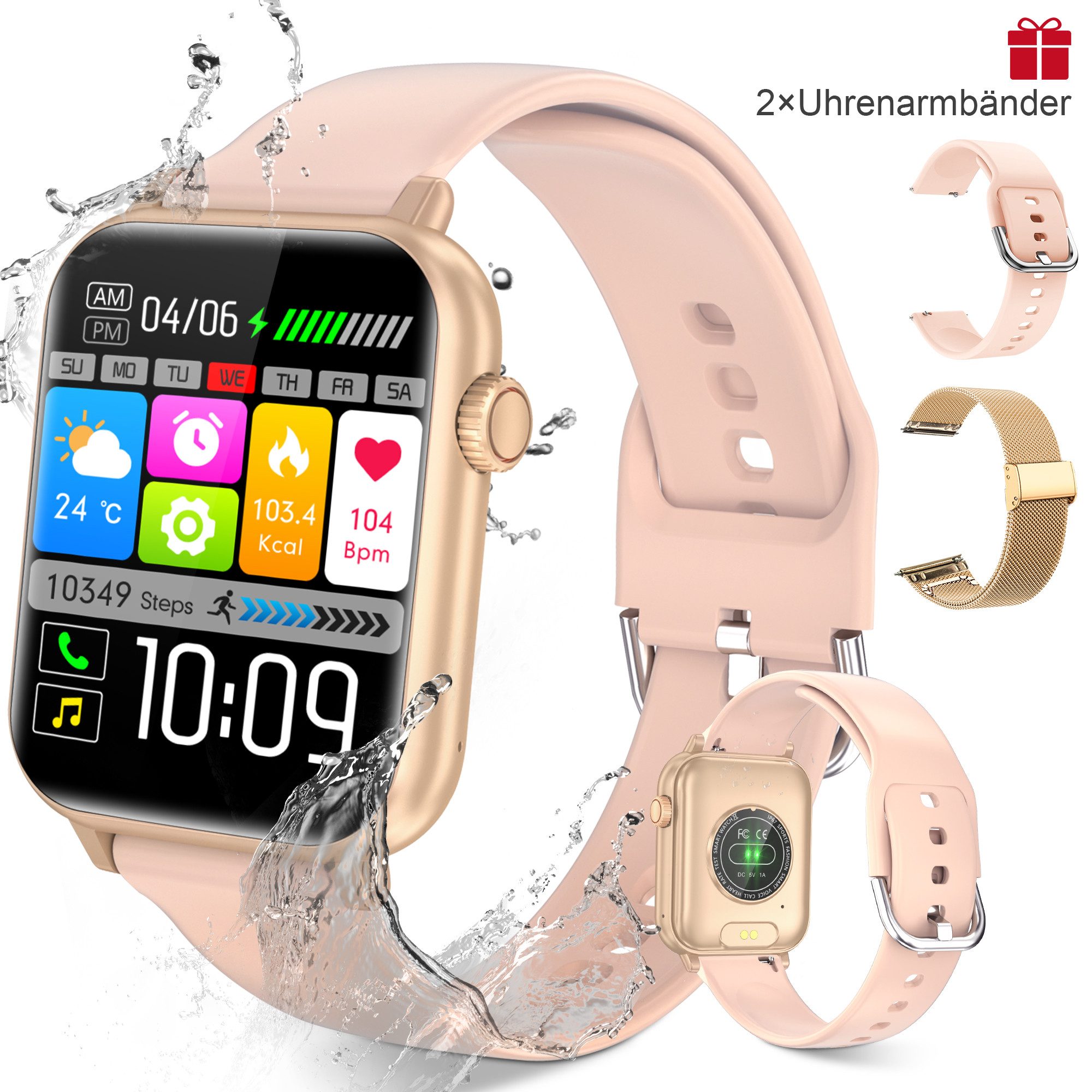 BRAIDOL Smartwatch Damen Herren, Fitness Tracker Uhr mit Anruffunktion Smartwatch (5 cm/1.96 Zoll Full-Touch Zoll) IP67 Wasserdicht Fitness Uhr,Frauengesundheit,Fitness Tracker mit Schrittzähler, Always-on-Screen-Funktion, Sportuhren mit Herzfrequenzmessung, Blutsauerstoffmessung,2 Austauschbare Armbänder.