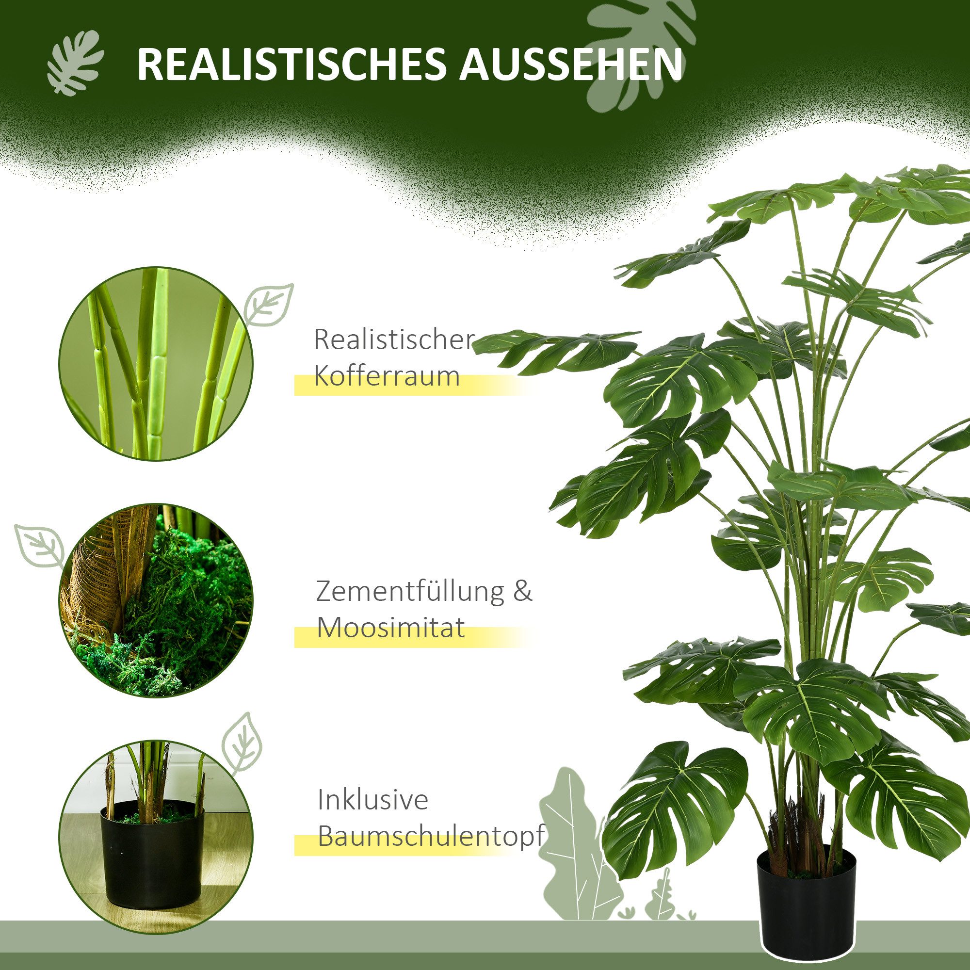 Kunstpflanze Kunst Monstera Deliciosa, 180 cm Kunstpflanze mit 24 Zweige Monstera Deliciosa, HOMCOM, Höhe 180 cm, Pflanze Deko für Indoor, Grün