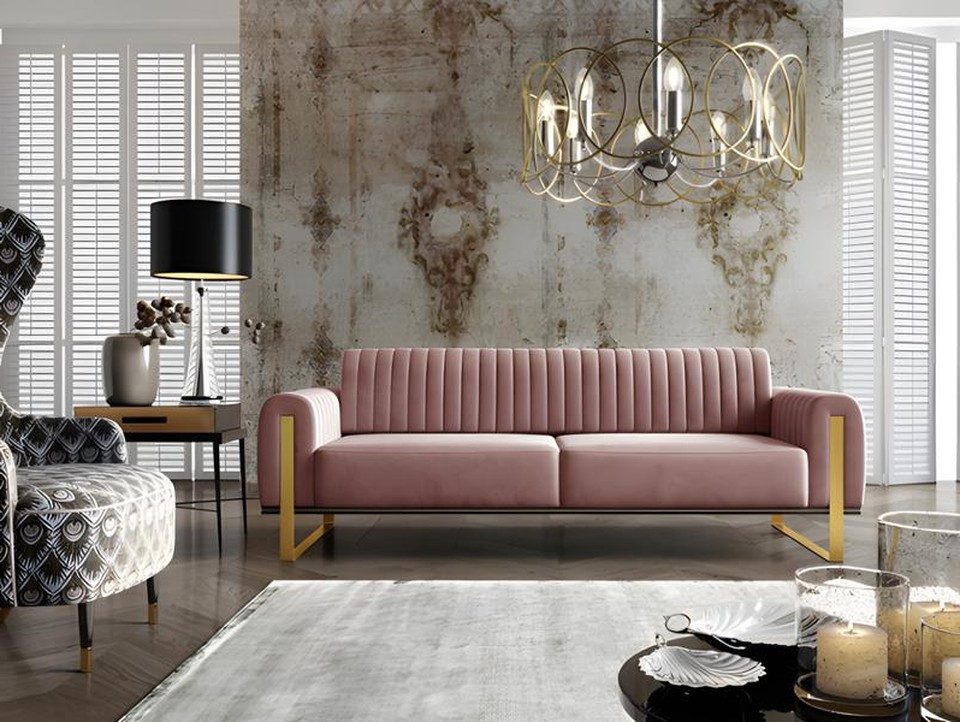 Xlmoebel 3-Sitzer XLMOEBEL Sofa in Rosa mit Holz-Metall-Gestell und Bonnell-Federn, Sofa 1 Teile, Made in Europa