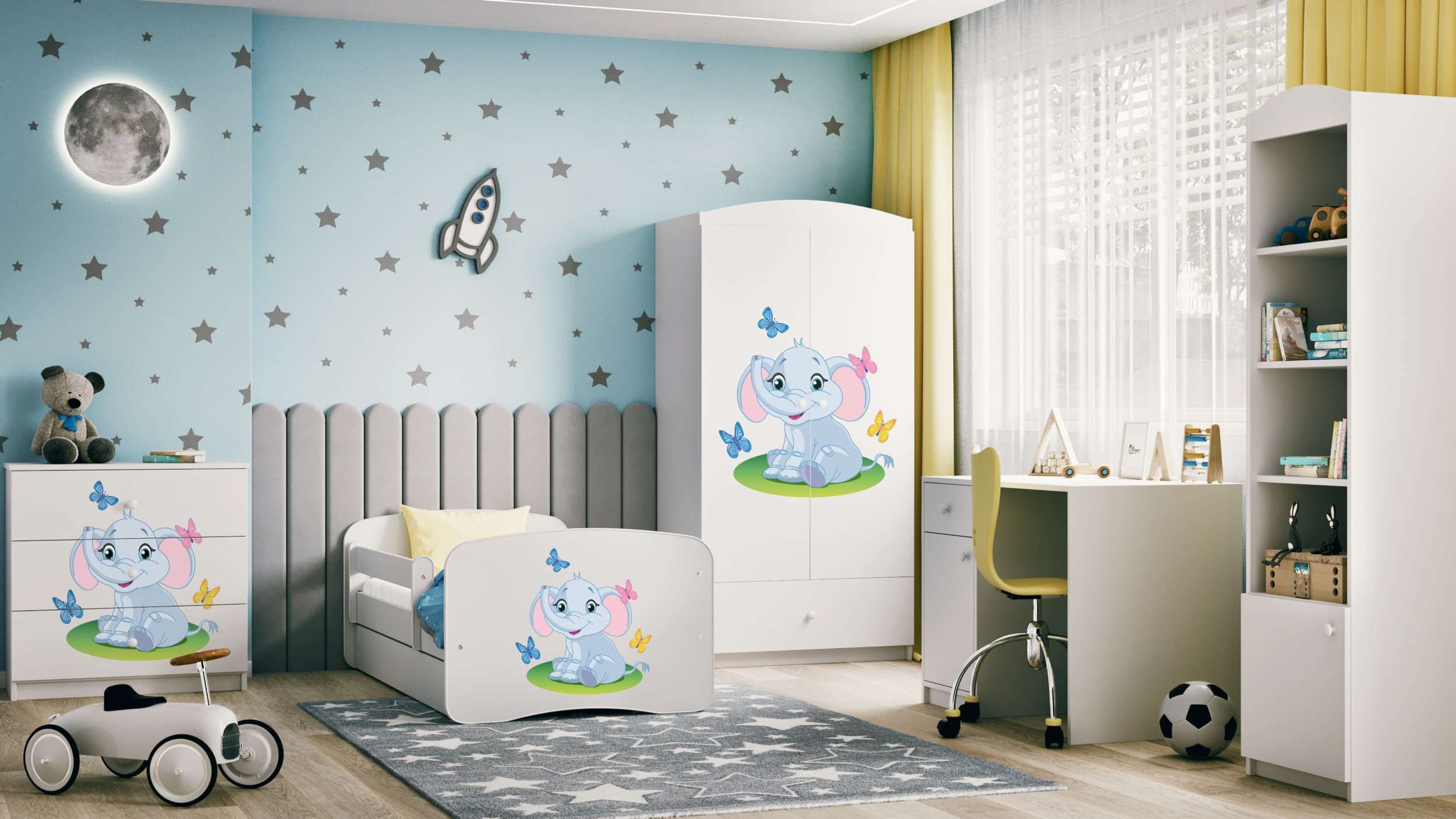 99rooms Jugendzimmer-Set Dreams Motiv VI, (Komplettset, Set (5-St), Modern, für Kinderzimmer, mit viel Stauraum, Lattenrost und Matratze