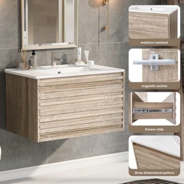 XDeer Badezimmerspiegelschrank Waschbeckenunterschrank hängend 76cm breit,mit Keramikwaschbecken, mit Schubladen,modernes Design,Natür und Weiß