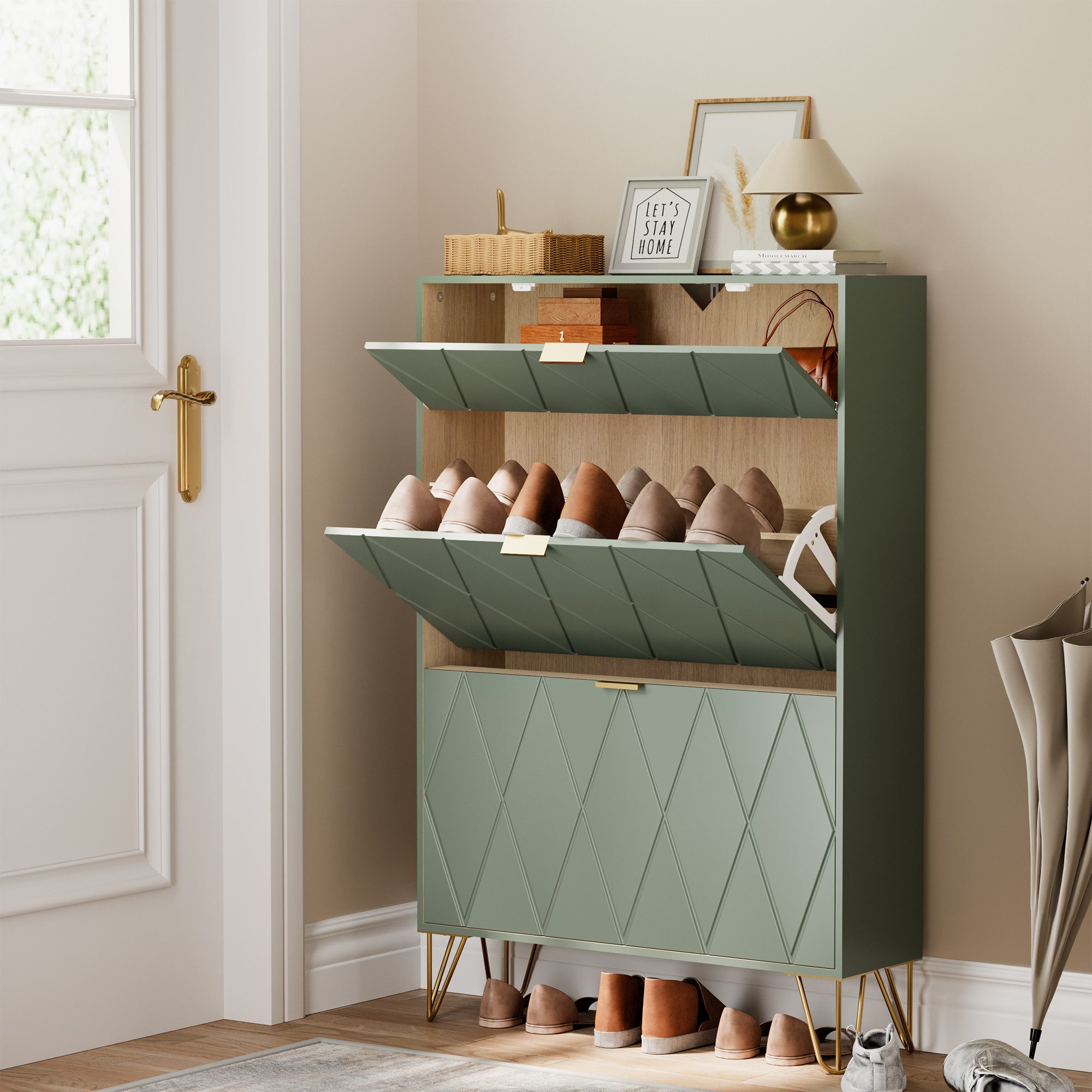 UEV Schuhschrank mit 2 Klappen Schuhregal Schuhkipper, Trennwände verstellbar (Schmal Schrank. Schuhkommode im Flur) B80 x T24 x H120 cm für 16 Paar Schuhe, Pla – Bild 4 von 5