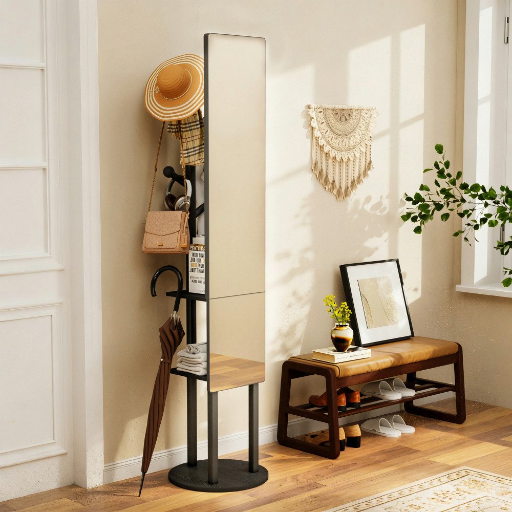 BBG Ganzkörperspiegel Garderobenständer mit Spiegel 360° drehbar, Ganzkörperspiegel (Garderobe mit Haken und Stauraum, Kleiderständer Spiegelständer), Standspiegel Garderobe für Schlafzimmer Flur Ankleidezimmer, 174 cm