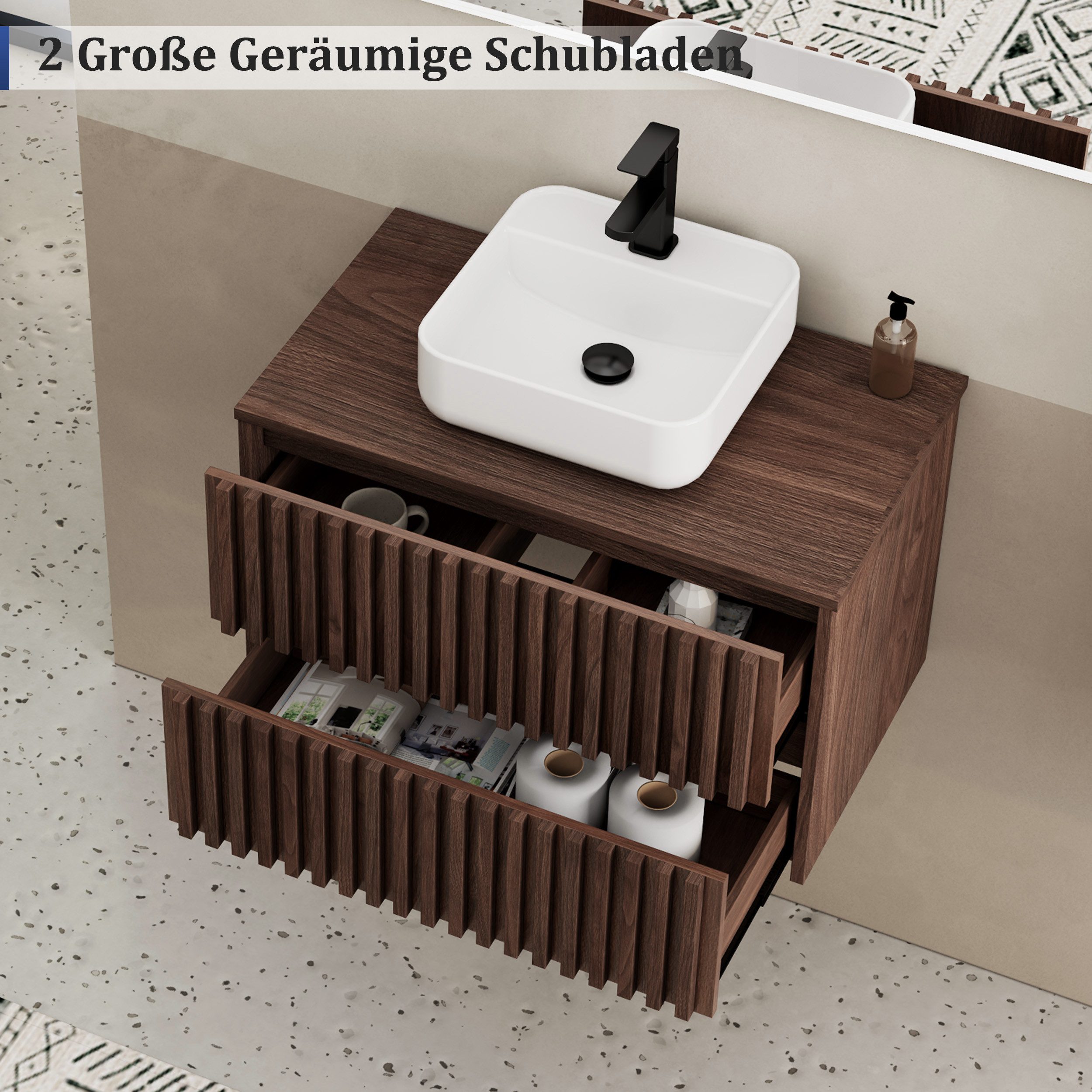 UEV Waschtisch mit Unterschrank hängend Rechteckiges Keramikwaschbecken (Komplett-Set Badmöbel, Badezimmmer Schrank, mit Wasserhahn und Pop-up-Ablassventil Aufs – Bild 5 von 5