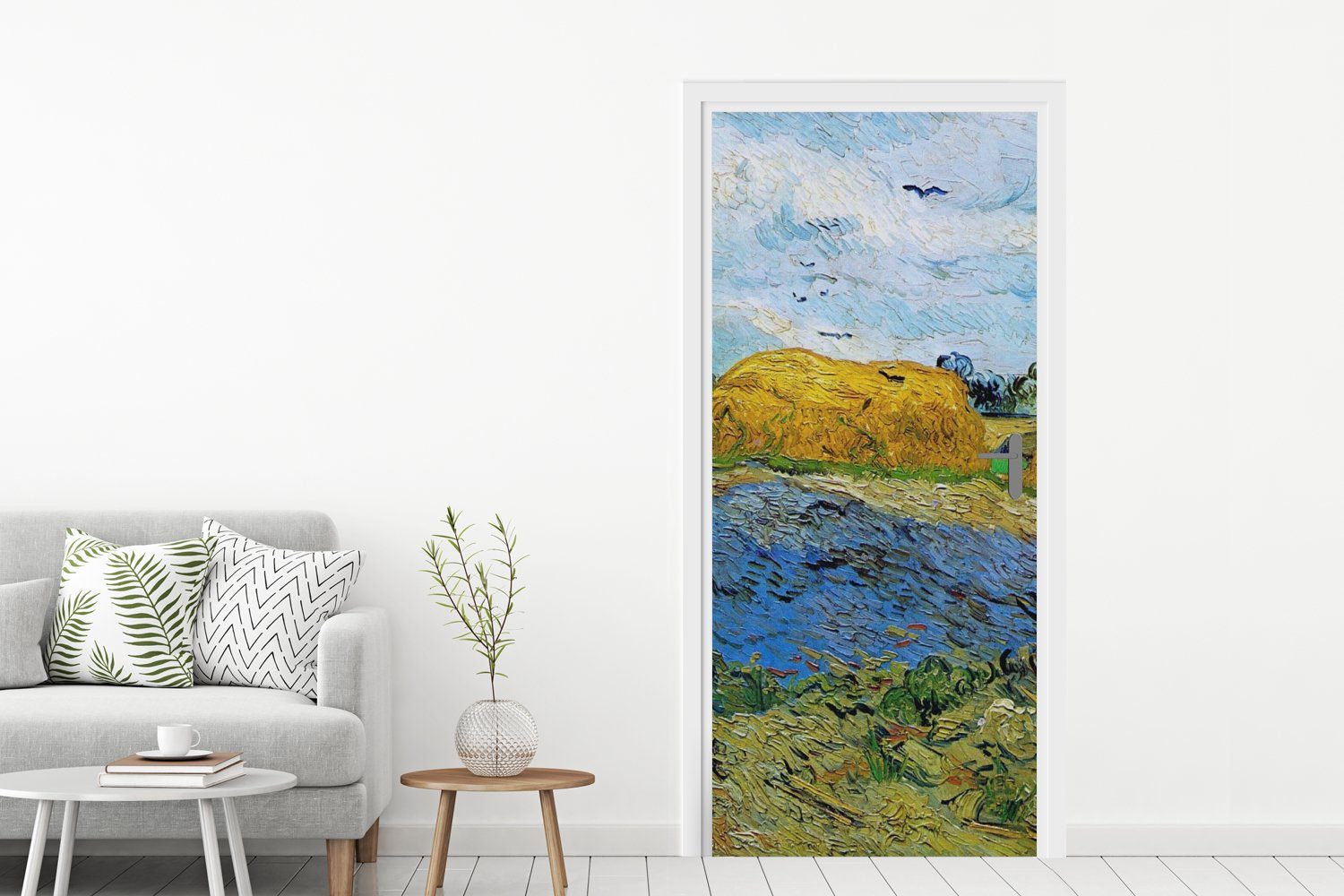 unter Vincent für 75x205 cm Türtapete Türaufkleber, (1 einem bedruckt, - Gogh, Matt, Himmel van Tür, Heuballen MuchoWow Fototapete St), regnerischen