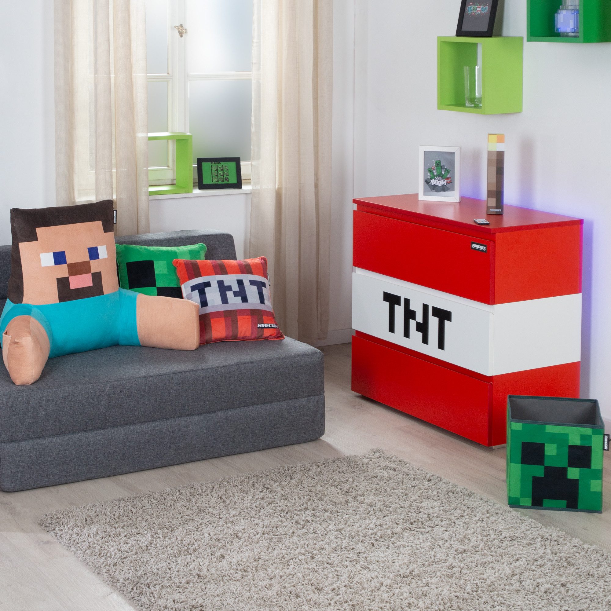 Minecraft Kommode TNT mit 3 Schubladen - roter / weißer Korpus aus Holz, Sideboard aus Holz mit Soft-Close - in Minecraft TNT Design