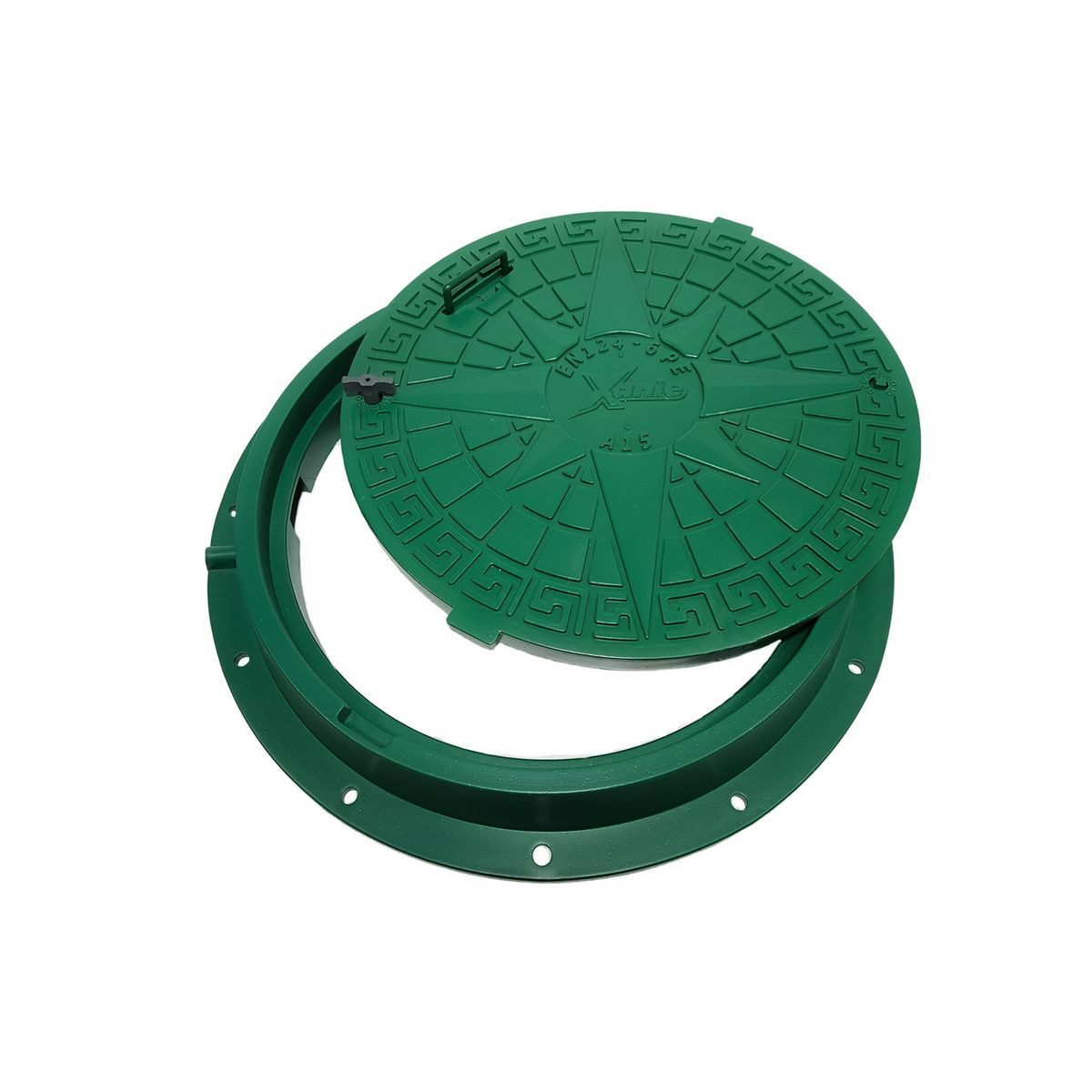 Xanie Erdschacht Schachtdeckel DN600 mit Rahmen Ø 800 mm + Verriegelung, Kunststoff A15, 80x80x9.5 cm, Grün, begehbar, rutschsicher, korrosionsbeständig