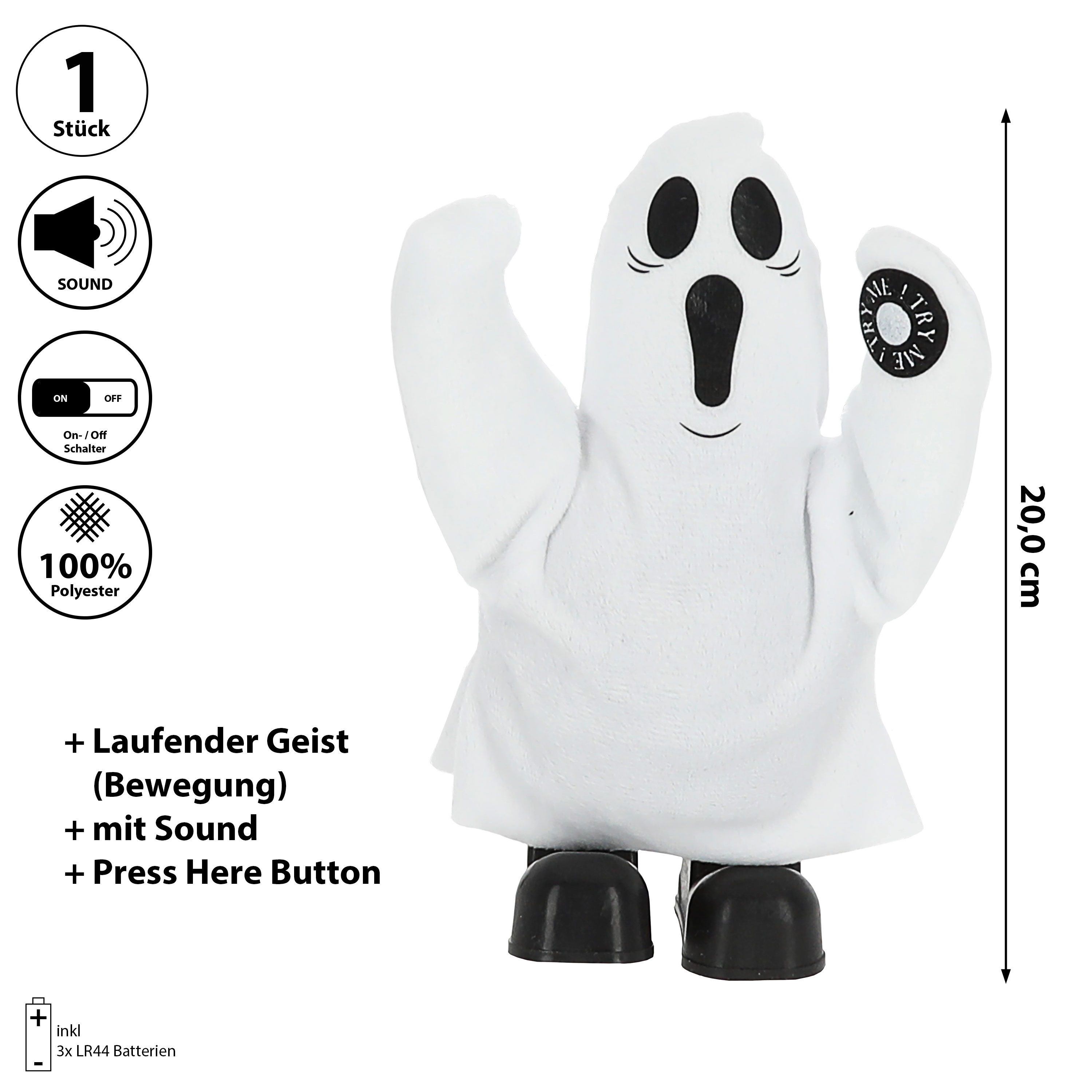 CEPEWA Dekofigur Geist Halloween singend laufend 14x20x8cm weiß schwarz Sound Bewegung – Bild 2 von 4