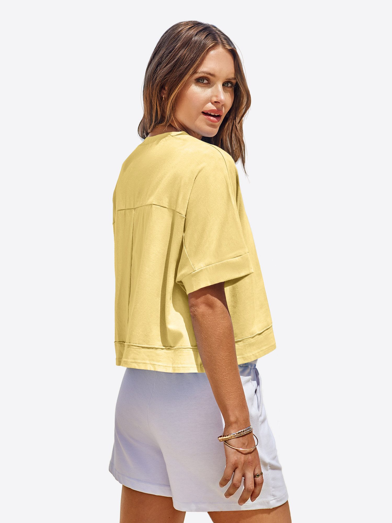 Imily Bela T-Shirt Damen Oversize Cropped Kurzarm Sommer Basic Casual mit Brusttasche (Packung, 1-tlg., 1per-Pack) mit Rundhalsausschnitt in Unifarbe