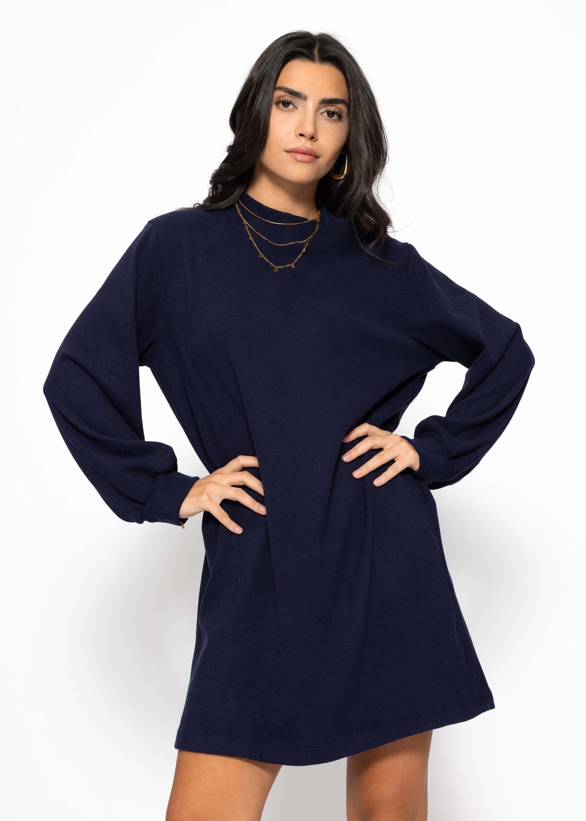 SASSYCLASSY Minikleid Sweatkleid mit Stehkragen für Damen Lässiges Kleid im Oversized Fit Braun Schwarz Beige Grau Dunkelblau