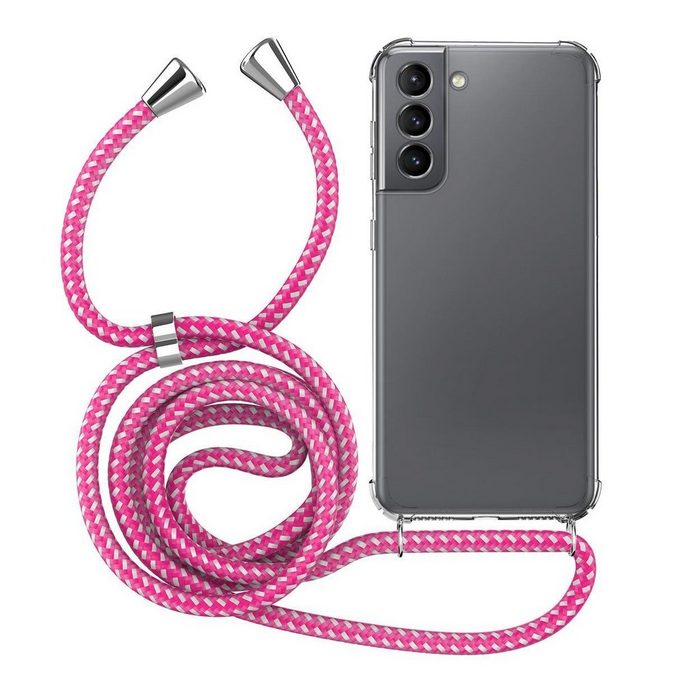 MyGadget Handyhülle Handykette für Samsung Galaxy S21 TPU Hülle mit Band - Handyhülle mit Handyband zum Umhängen Kordel Schnur Schutzhülle in Pink Weiß