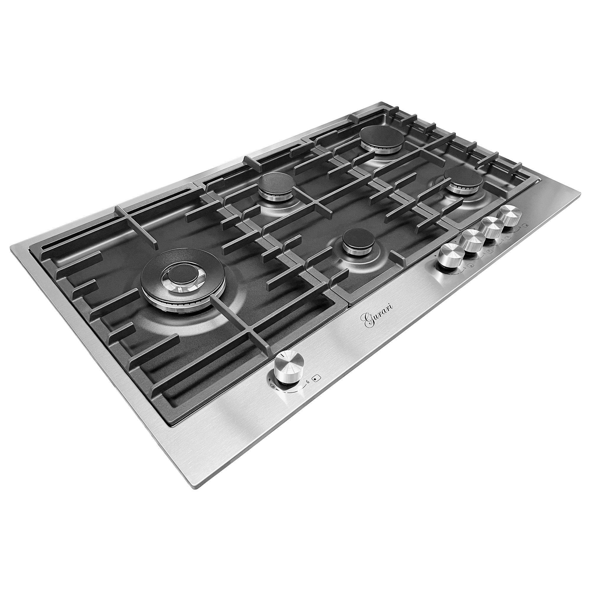 GURARI Gas-Kochfeld GCH TY 905 VPGC+WOK Adapter, 90 cm, Edelstahl- Schwarz Emaliert, 4,0 kW WOK, 5 Gasbrenner,Erdgas, FL.Gas