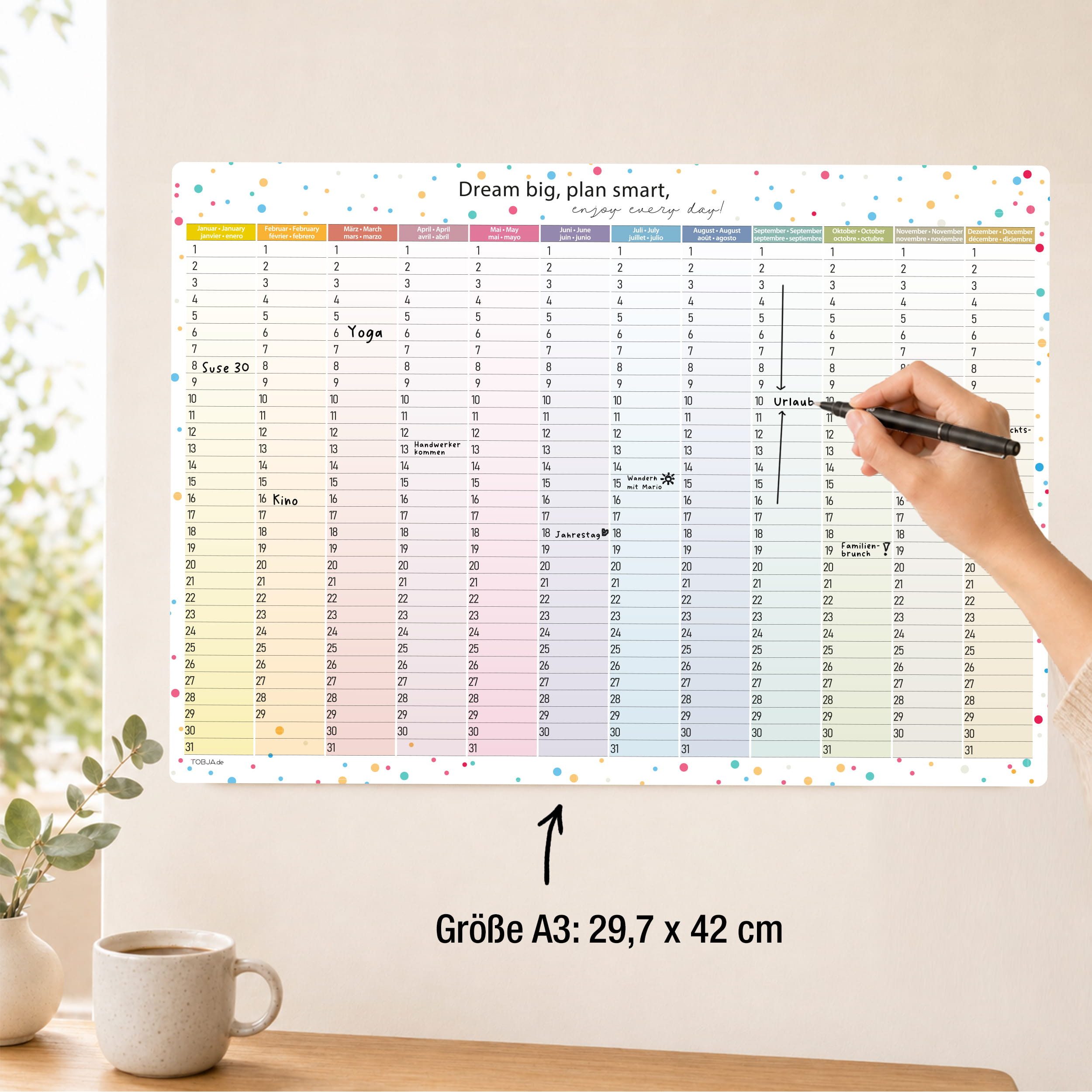 TOBJA ewige Kalender Jahresplaner immerwährend selbstklebend abwischbar A3 inkl. Stift, selbstklebend & ablösbar, abwischbar, immerwährend, inkl. Stift – Bild 4 von 5