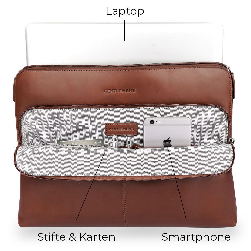 Gentlemen's Laptop-Hülle Laptopsleeve - Echtleder Laptophülle, 5 Fächer für Ladekabel, Tracker 14-16 Zoll, Für 14 und 16 Zoll