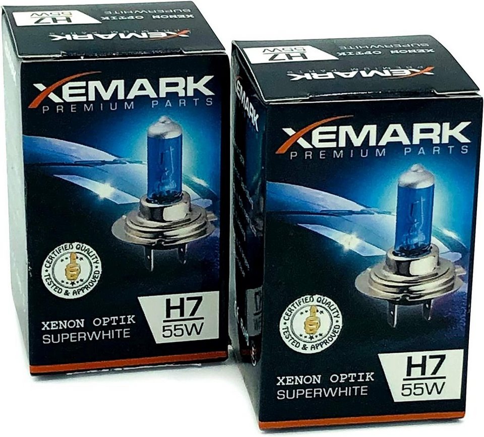 XEMARK KFZ-Ersatzleuchte H7 Xenon Optik Lampe Abblendlicht, 55W 12V, 2  Stück, H7, 2 St., Xenon Optik, Blauer Glaskolben, Weißeres Licht