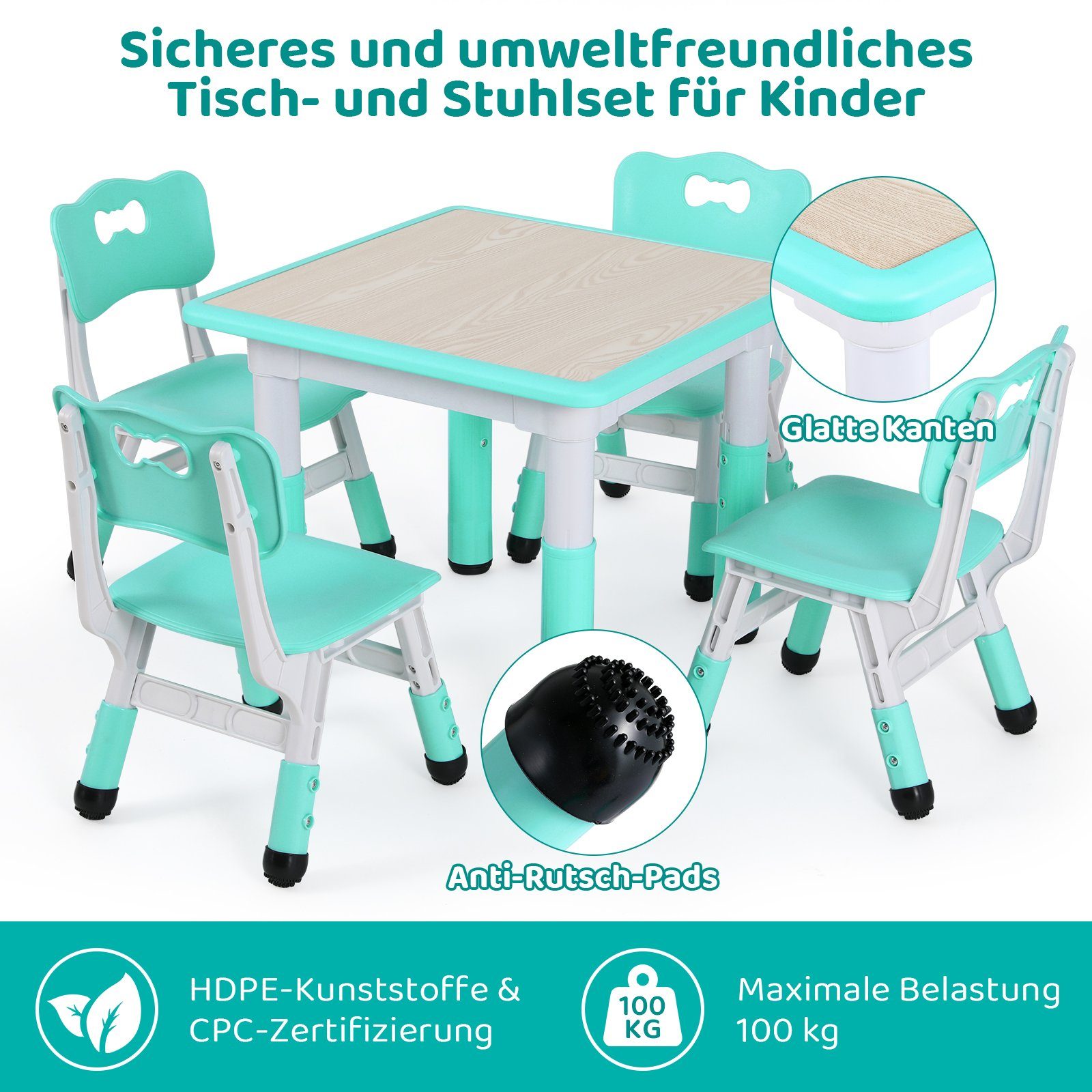 Femor Kindersitzgruppe, (5-tlg), Kindertisch mit Kindersitzgruppe Minzgrün Stühlen, Höhenverstellbar