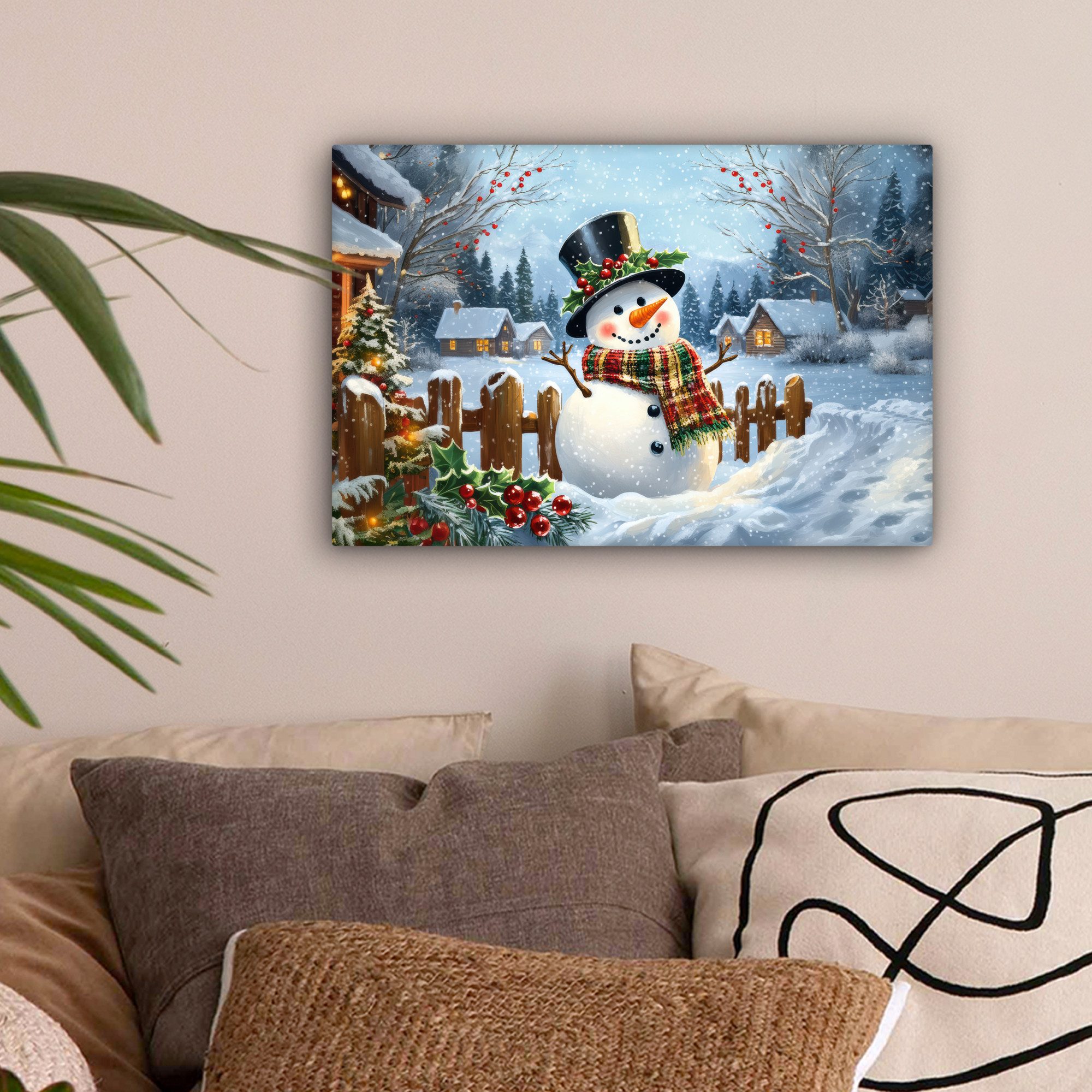 OneMillionCanvasses® Leinwandbild Schneemann - Winterdorf - Farbenfroh, Fot günstig online kaufen