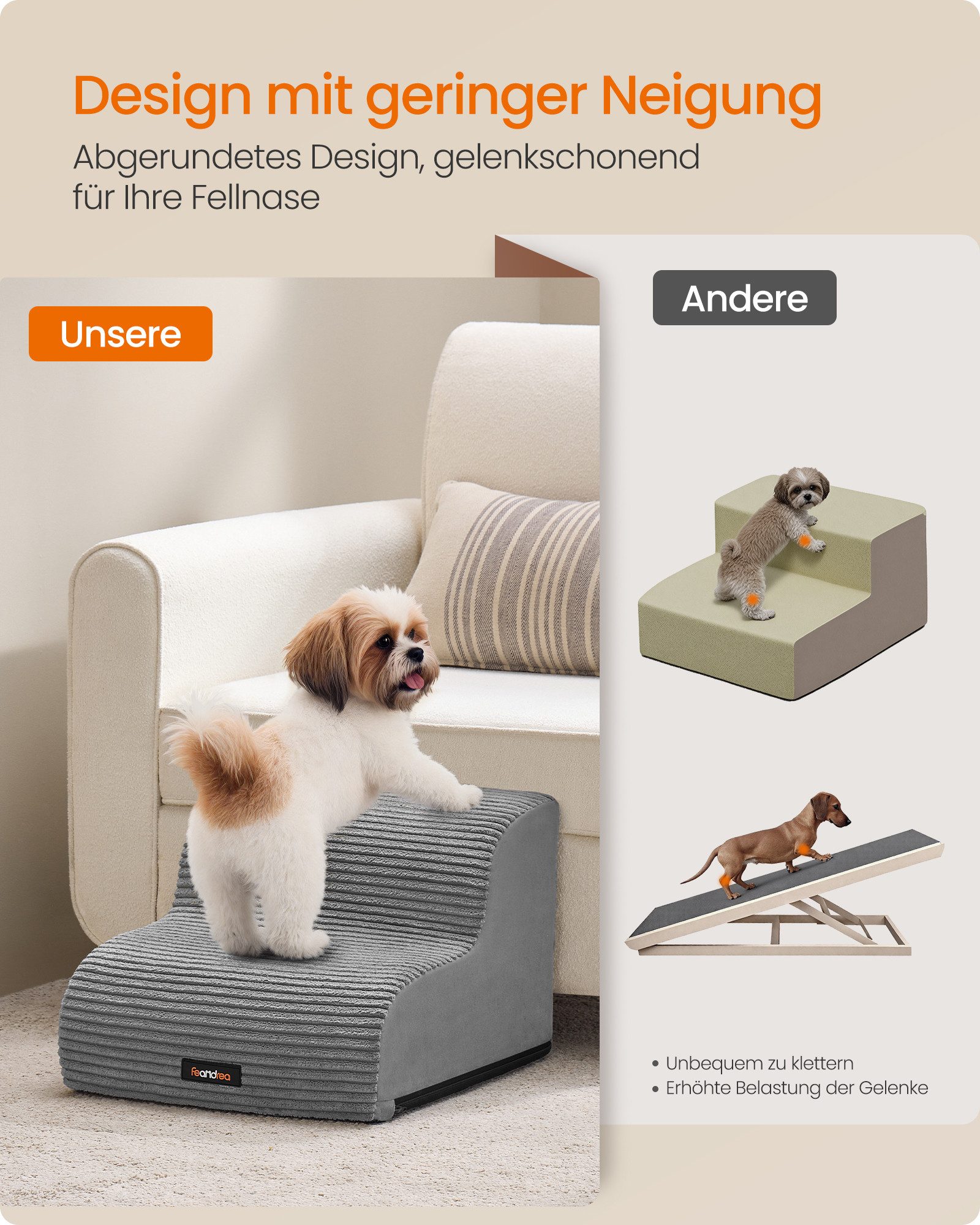 FEANDREA Haustiertreppe 2/3/4-stufig-Hundetreppe,waschbar,rutschfest geringe Neigung für Bett, Sofa, Cord mit Querstreifen, wasserdicht, abnehmbarer waschbarer Bezug