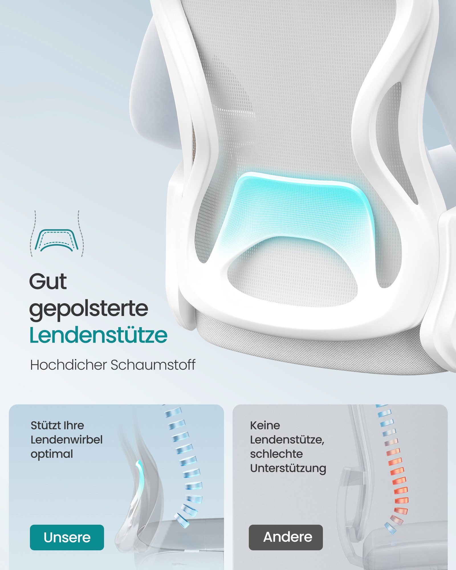 SONGMICS Bürostuhl ergonomisch, Drehstuhl mit Netzgewebe, Schreibtischstuhl mit Lendenstütze