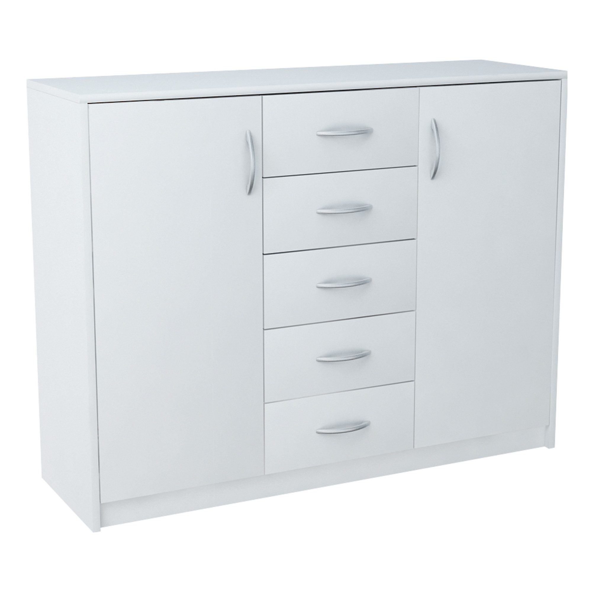 Home Collective Kommode mit 5 Schubladen und 2 Türen in matter Ausführung, Kommode 110cm breit (mit hochwertigen Polymergriffen, aus laminierter Platte gefertigt, Metallrollen mit Auszugsstopp), Holz Schrank Sideboard Highboard Kommode mit Schubladen Weiß
