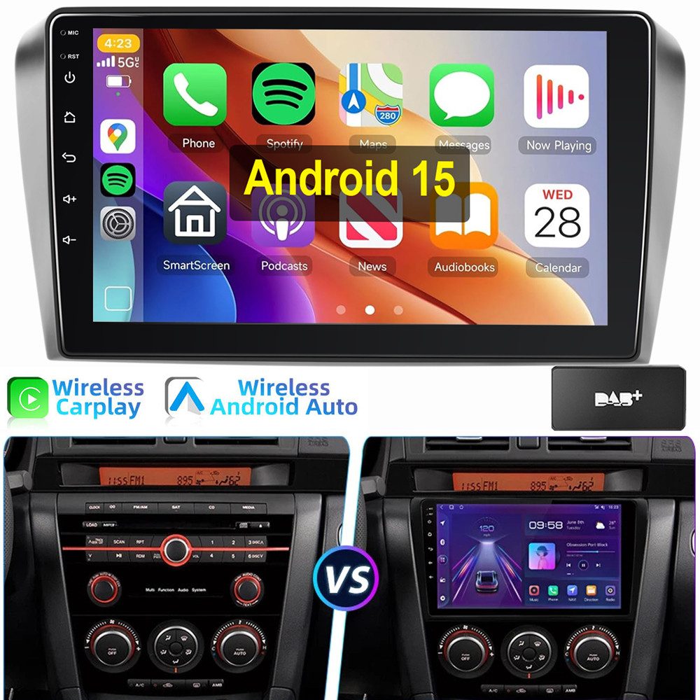 ESSGOO 9" Android 15 Autoradio Für Mazda 3 2003-2009 BK Carpaly Navi WIFI BT Autoradio (BT, 4+4GB optional, FM AM SWC RDS)
