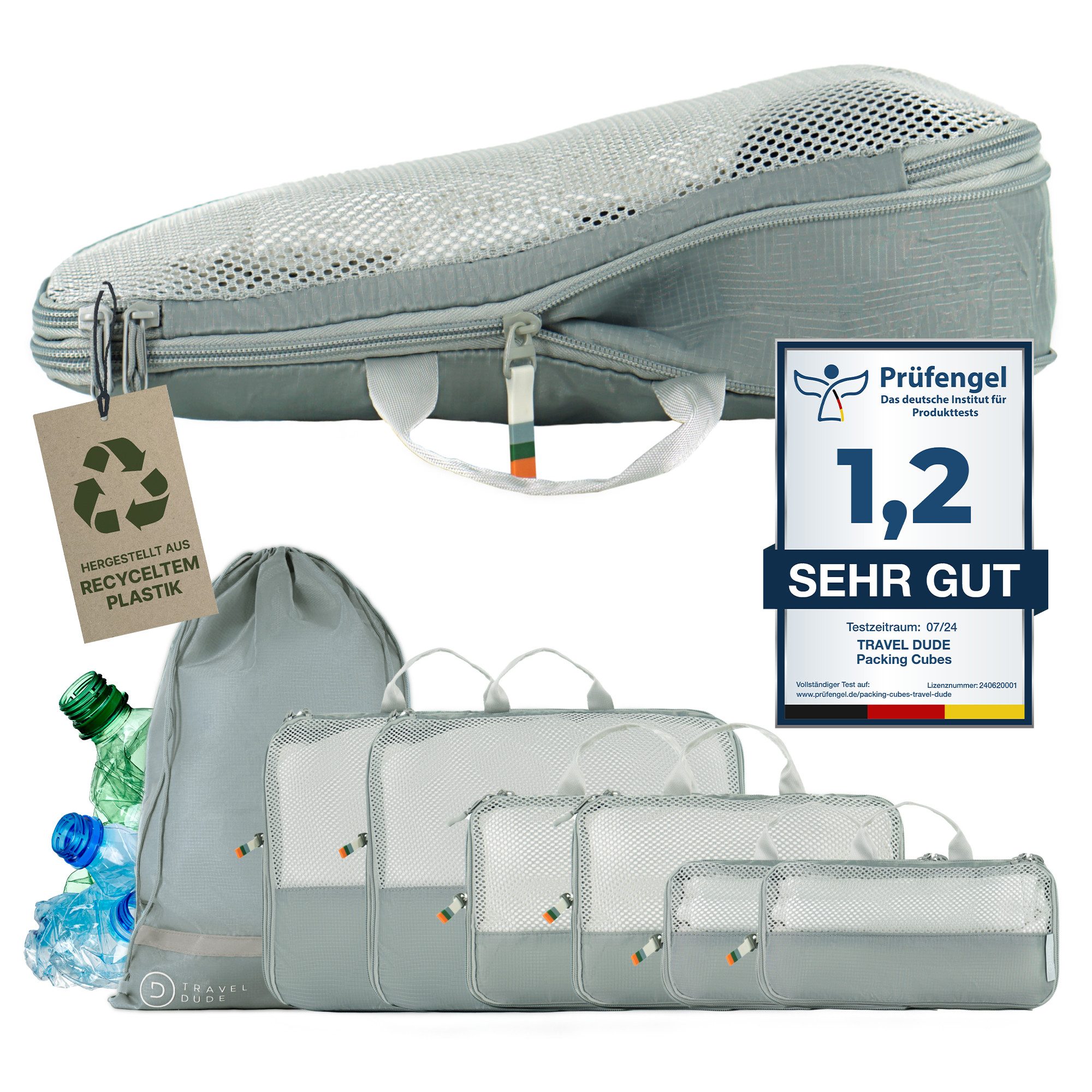 TRAVEL DUDE Kofferorganizer aus recycelten Plastikflaschen (ultraleichte Packwürfel, 7-tlg., Packing Cubes für Rucksack und Koffer, Packtaschen), mit Kompression und einem Nassfach