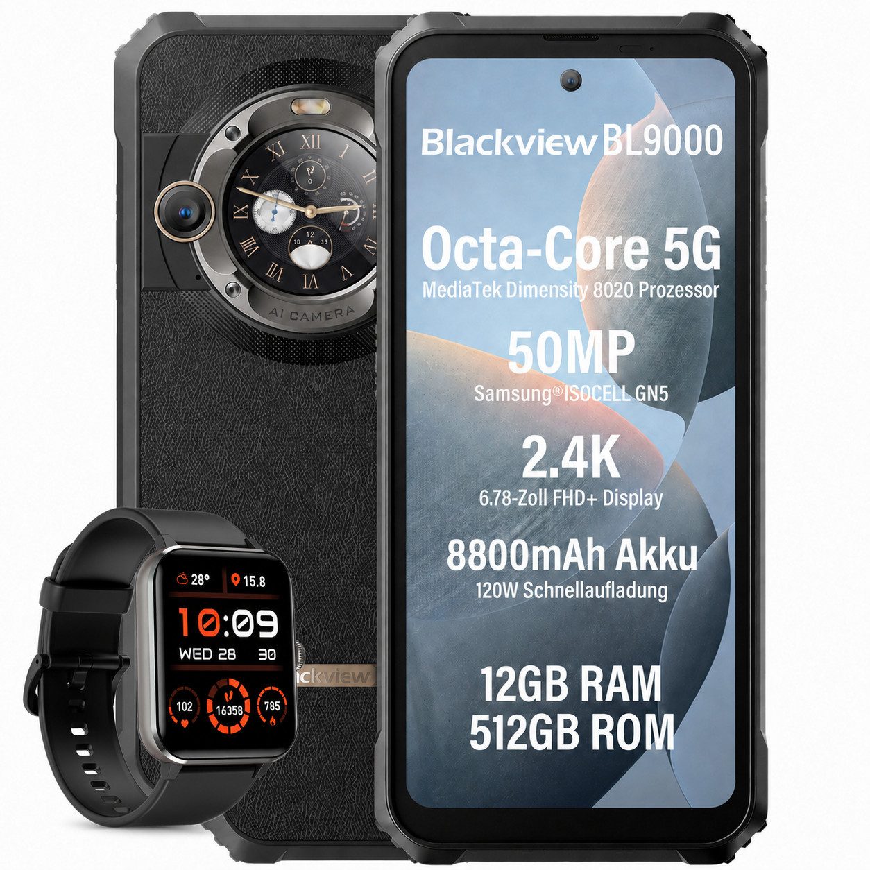 blackview BL9000 2.4K Display 5G outdoor handy incl.R50 AI Smartphone (6,78 Zoll, 50 MP Kamera, 2.4k, MediaTek Dimensity 8020, 120W, Doppeldisplay, Ohne Vertrag)