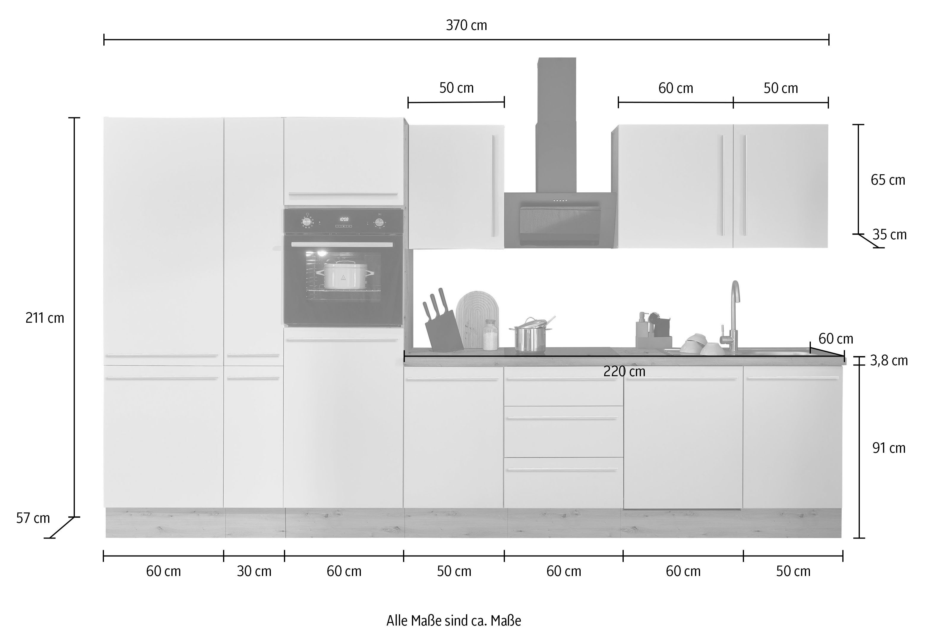 Coin cuisine Florida, largeur 370 cm, avec appareils électroménagers en option, fermeture amortie pour les portes et les tiroirs