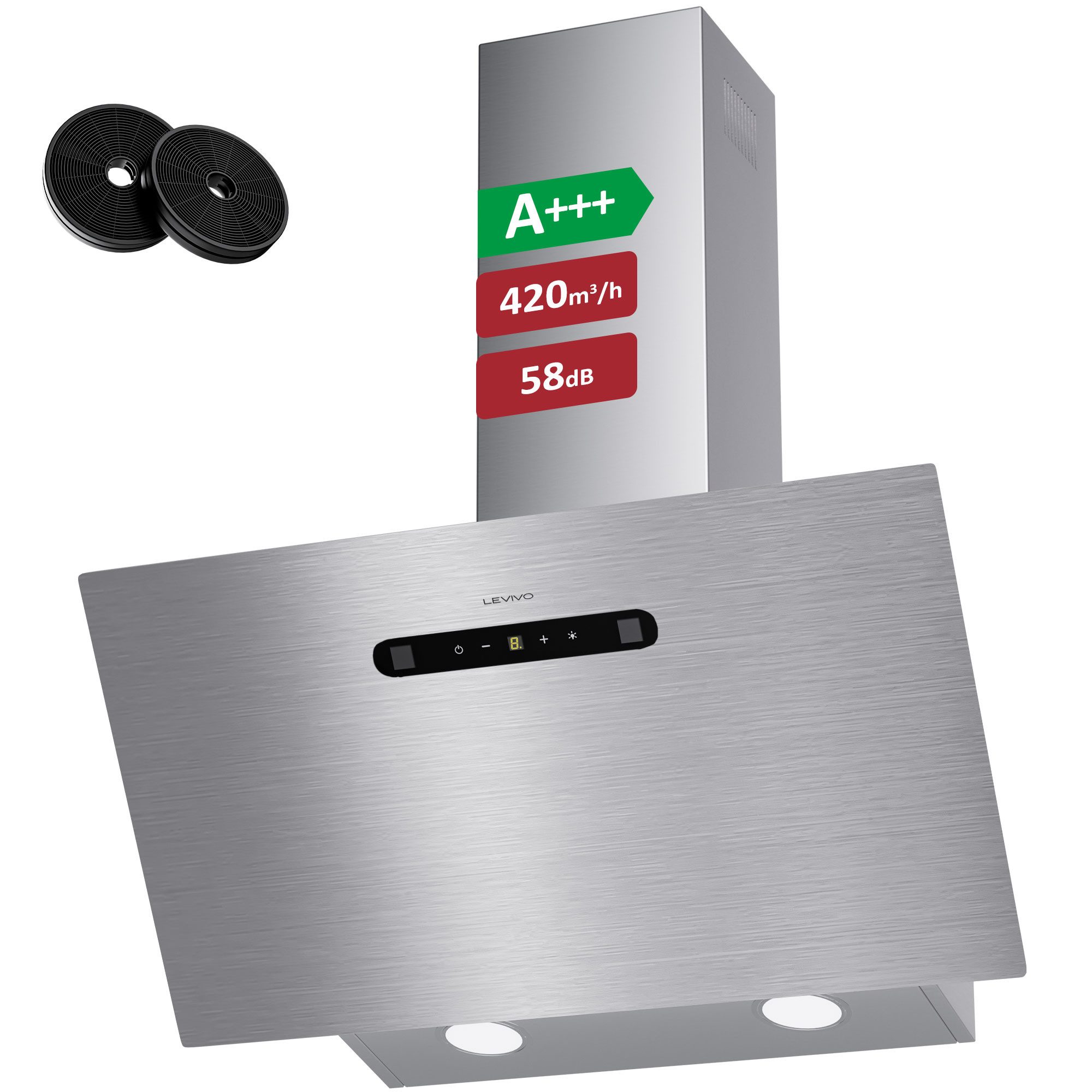 Levivo Kopffreihaube A+++ 420 m³/h Dunstabzugshaube 60cm Umluft & Abluft A+++ 420 m³/h Dunstabzugshaube 60cm Umluft & Abluft, Aktivkohlefiltern, Fettfiltern, LED-Beleuchtung