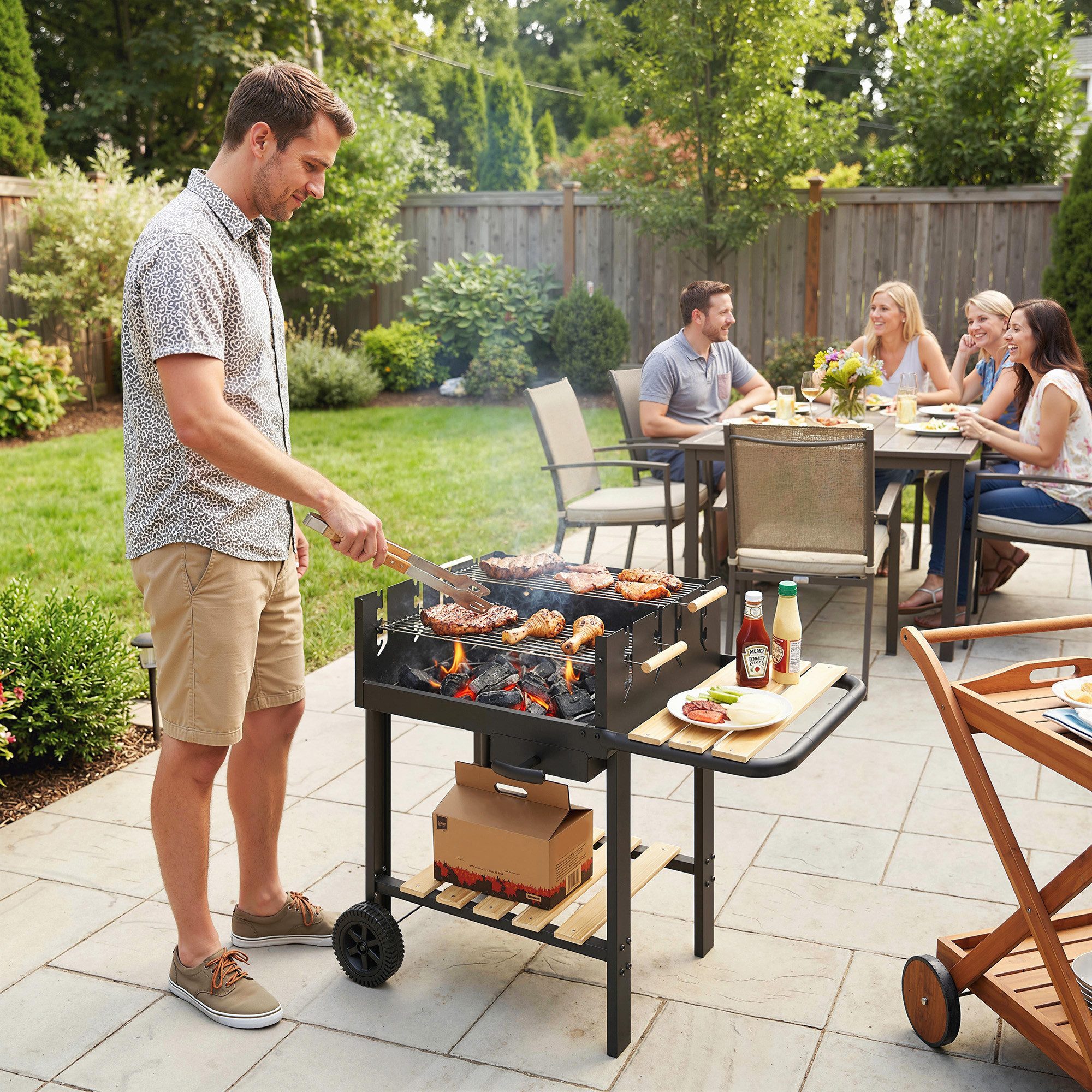 Outsunny Holzkohlegrill mit 4-fach höhenverstellbarGrillrost, 2 Holzablage, 2 Räder, Grillwagen, Holzkohle Grill, für Terrasse Picknick Party 99,5 x 58 x 82 cm Schwarz