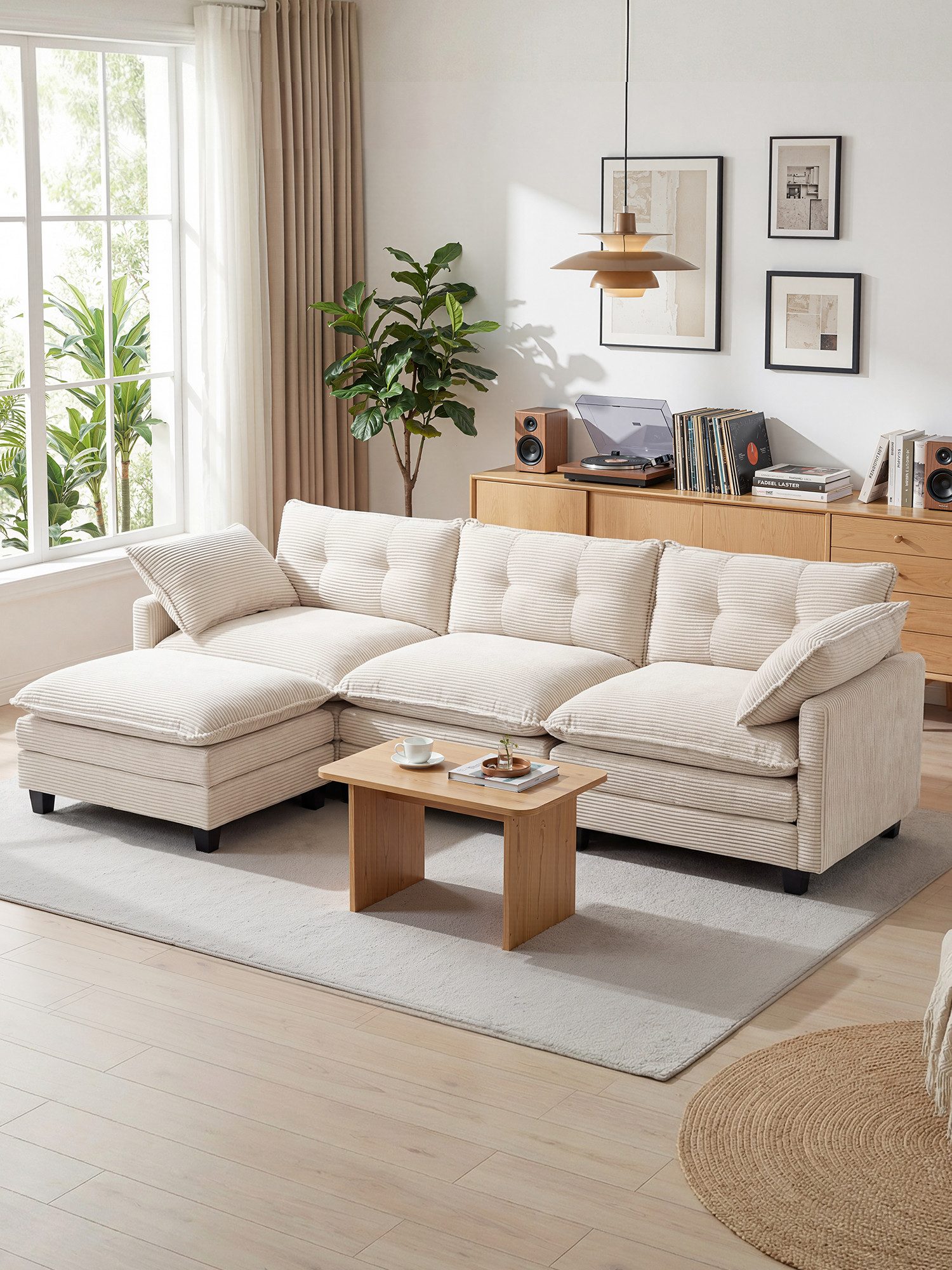 FiveWillowise Loungesofa 3-Sitzer Sofa mit Hocker, höhenverstellbar, Cord, 1 Teile, L-Form Schlafsofa mit verschieblichem Hocker, 284x144x87 cm