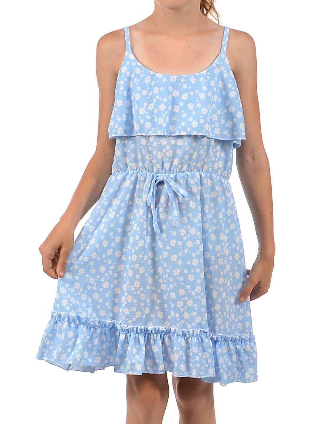 und bequem Spaghettiträger Jerseykleid (1-tlg) zu tragen Kleid KMISSO Volant Mädchen Hellblau