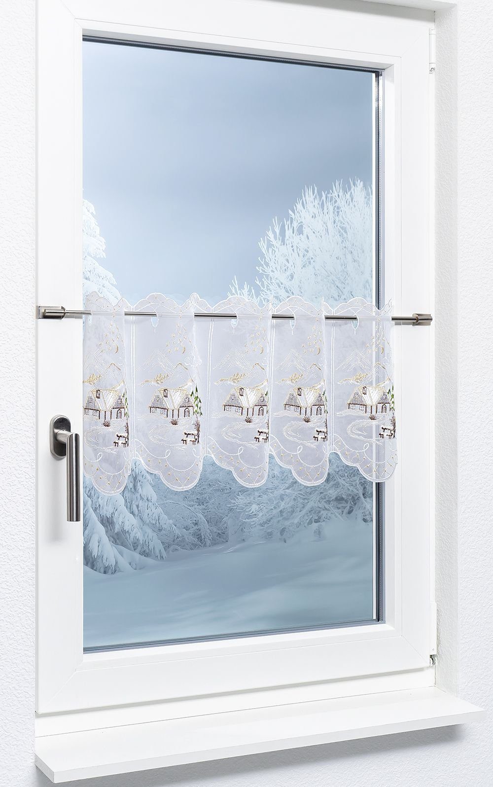 Plauener Spitze® Scheibengardine Haus (1 St), halbtransparent, HxB 30x48.6cm