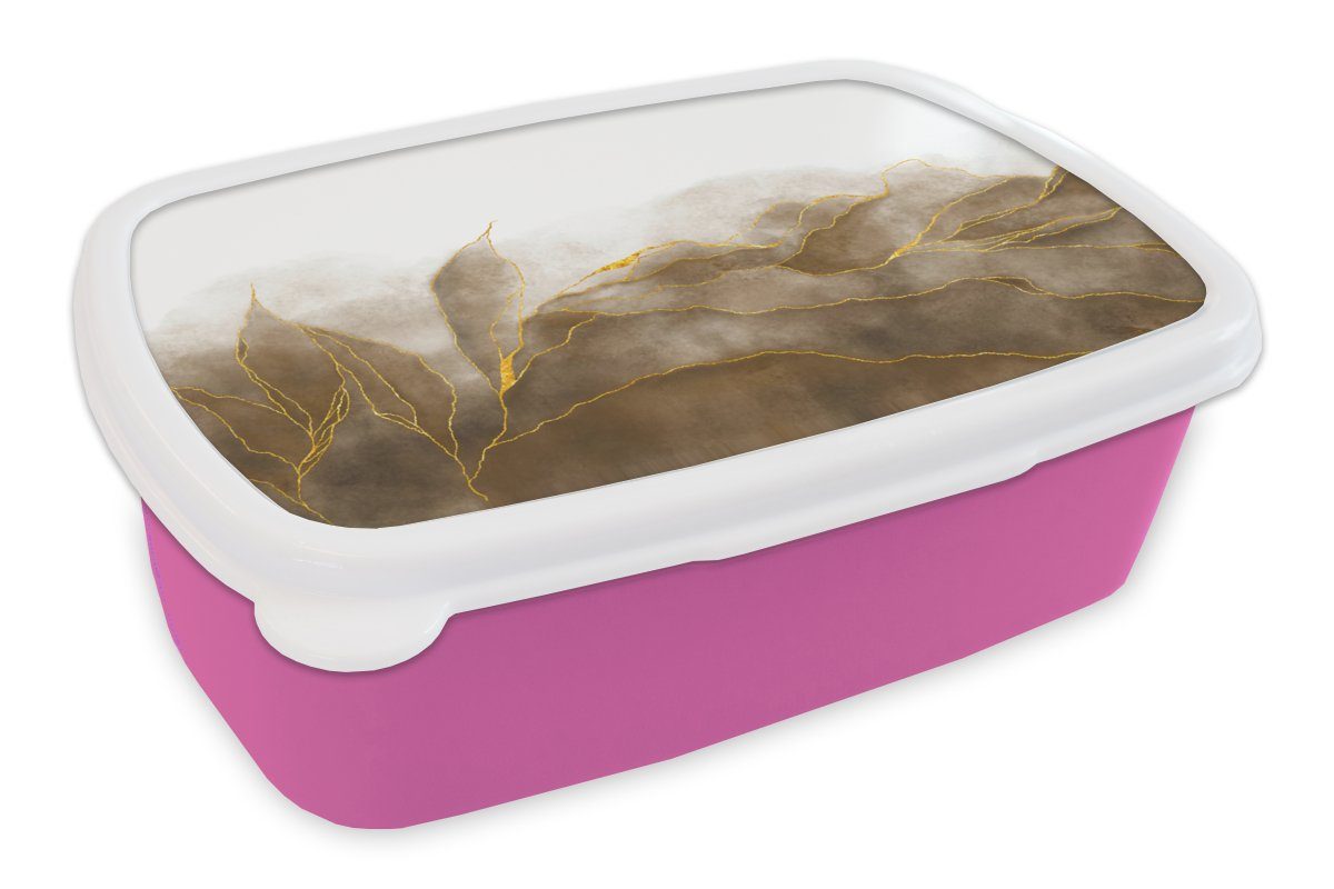MuchoWow Lunchbox Marmor - Gold - Braun - Textur - Marmoroptik, Kunststoff, (2-tlg), Brotbox für Erwachsene, Brotdose Kinder, Snackbox, Mädchen, Kunststoff rosa