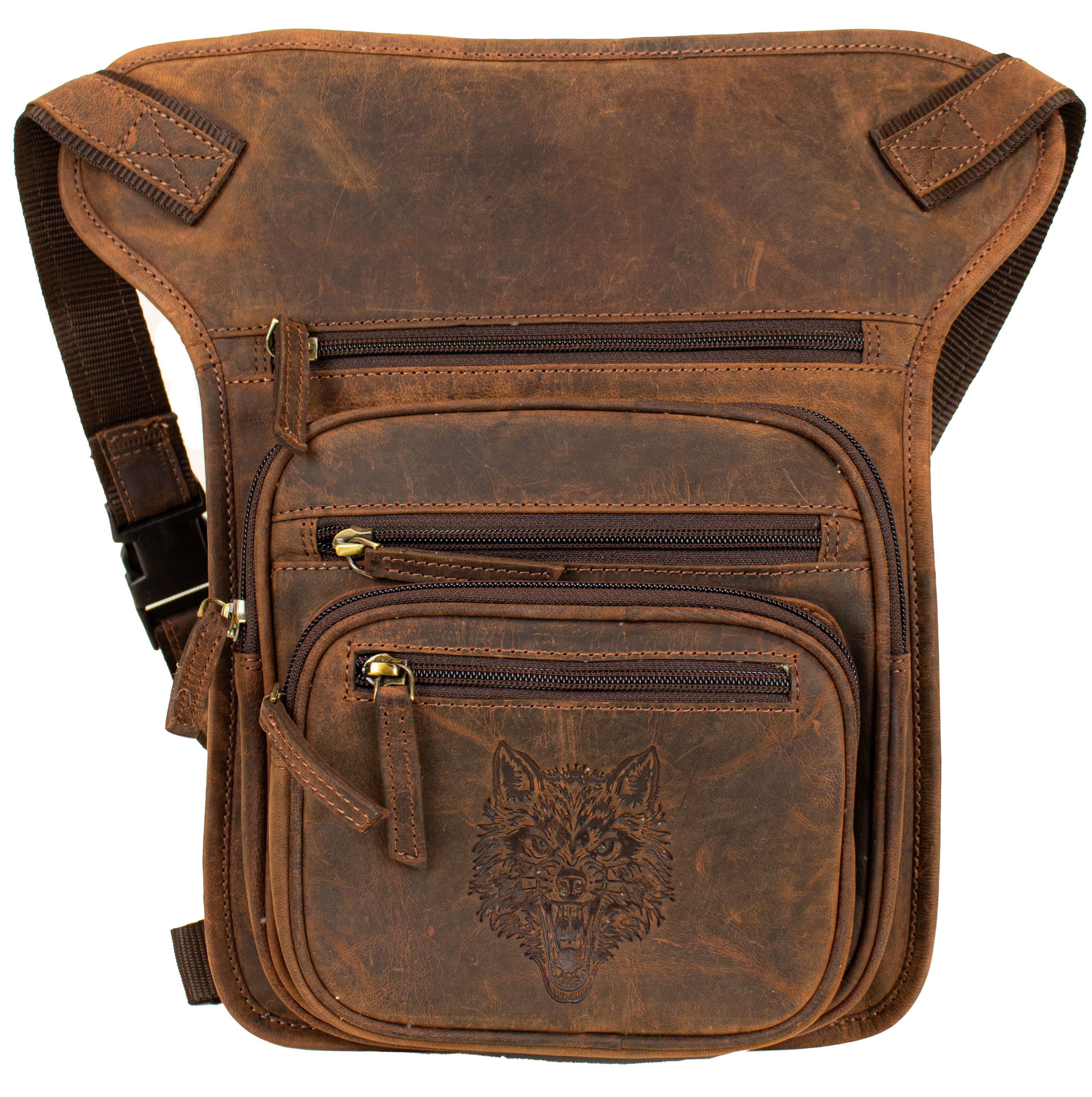 MDM Beintasche Biker Leder Beintasche Hüft-, Gürteltasche mit Wolf-Prägung (Höhe 32 cm × Breite 23 cm × Tiefe 6 cm), Echtes Rindsleder