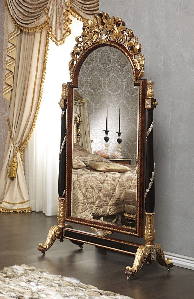Casa Padrino Barockspiegel Luxus Barock Standspiegel mit Rollen Braun / Schwarz / Gold / Silber 106 x 56 x H. 218 cm - Prunkvolle handgeschnitzte Barock Möbel - Luxus Qualität - Made in Italy