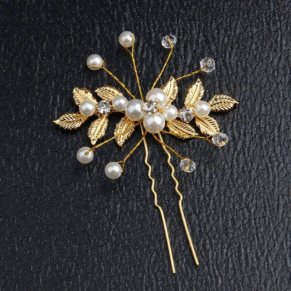 (1-tlg) WaKuKa Diadem Blattgold-Perlen-Haargabel, Braut-Kopfbedeckung U-förmige