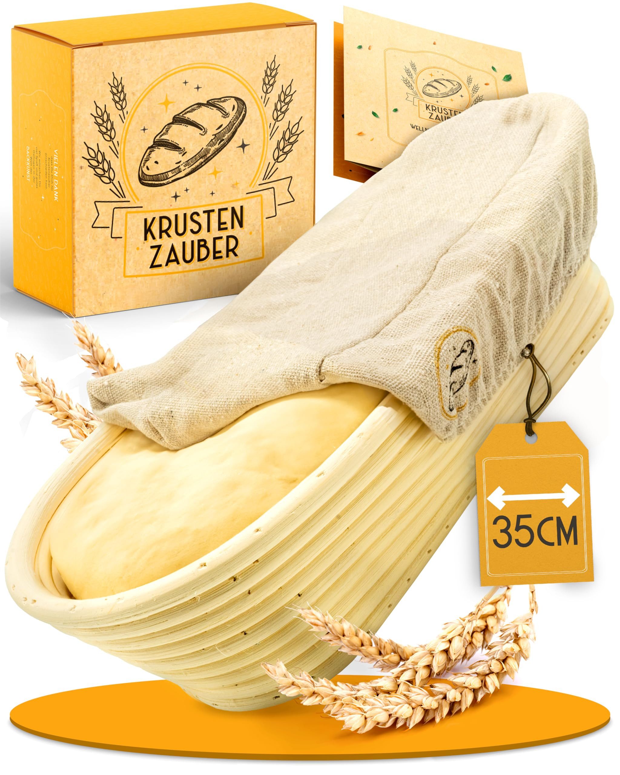 Krustenzauber Gärkorb Gärkörbchen zum Brotbacken - Gärkorb aus Rattan mit Gärtuch, (Brot Backen Zubehör, Brotkorb, Brotbackform, Sauerteig Zubehör), Gärfolie Brot, Brotkörbchen