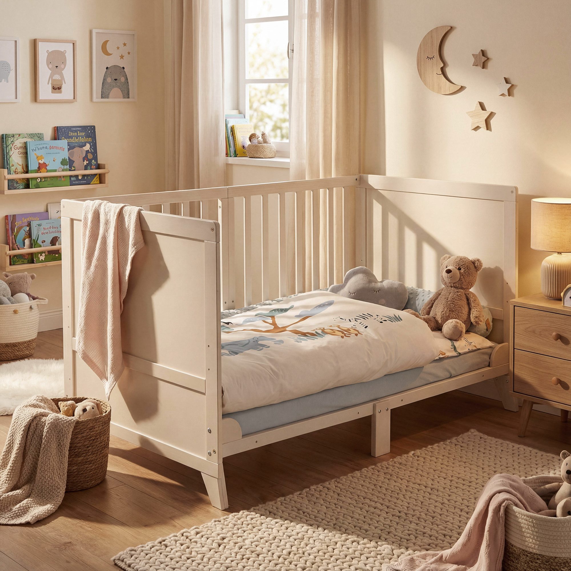roba® Komplettbett Savanna Friends oder Woodland Buddies 70x140 cm - niedliche Designs, mit Bettwäsche, Himmel & Matratze - Mitwachsendes Babybett - Naturgrau