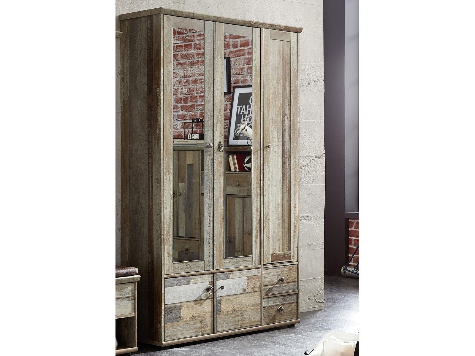 möbelando Garderobenschrank Britta Garderobenschrank aus Spanplatte foliert in Driftwood Nachbildung mit 2 Spiegeltüren, 3 Holztüren, 2 Schubkästen, 2 Konstruktionsböden, 4 höhenverstellbare Einlegeböden und 1 ausziehbare Kleiderstange, Griffe aus Zinkdruckguss in Antik-Optik. Breite 109 cm, Höhe 188 cm, Tiefe 40 cm.