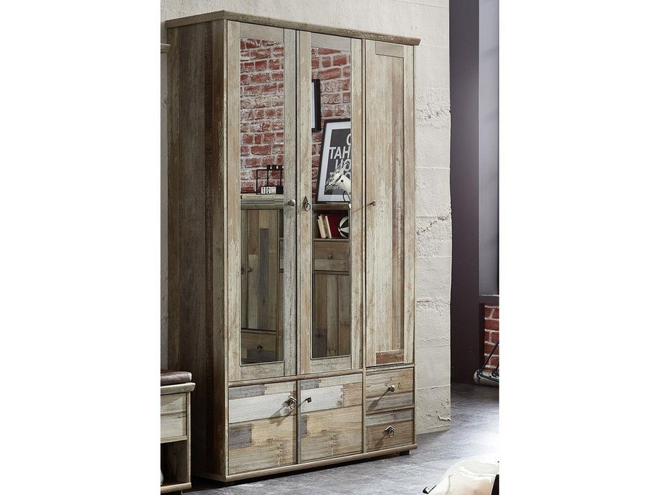 möbelando Garderobenschrank Britta Garderobenschrank aus Spanplatte foliert  in Driftwood Nachbildung mit 2 Spiegeltüren, 3 Holztüren, 2 Schubkästen, 2  Konstruktionsböden, 4 höhenverstellbare Einlegeböden und 1 ausziehbare  Kleiderstange, Griffe aus