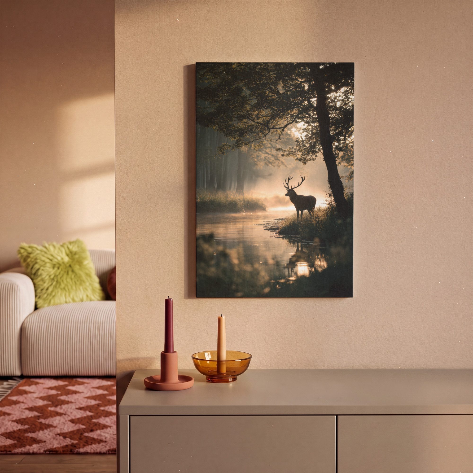 OneMillionCanvasses® Leinwandbild Hirsche - Waldbach - Mystisch, Fotodruck (1 St), Leinwand Canvas Wandbild, Wanddekoration 20x30 cm – Bild 2 von 5