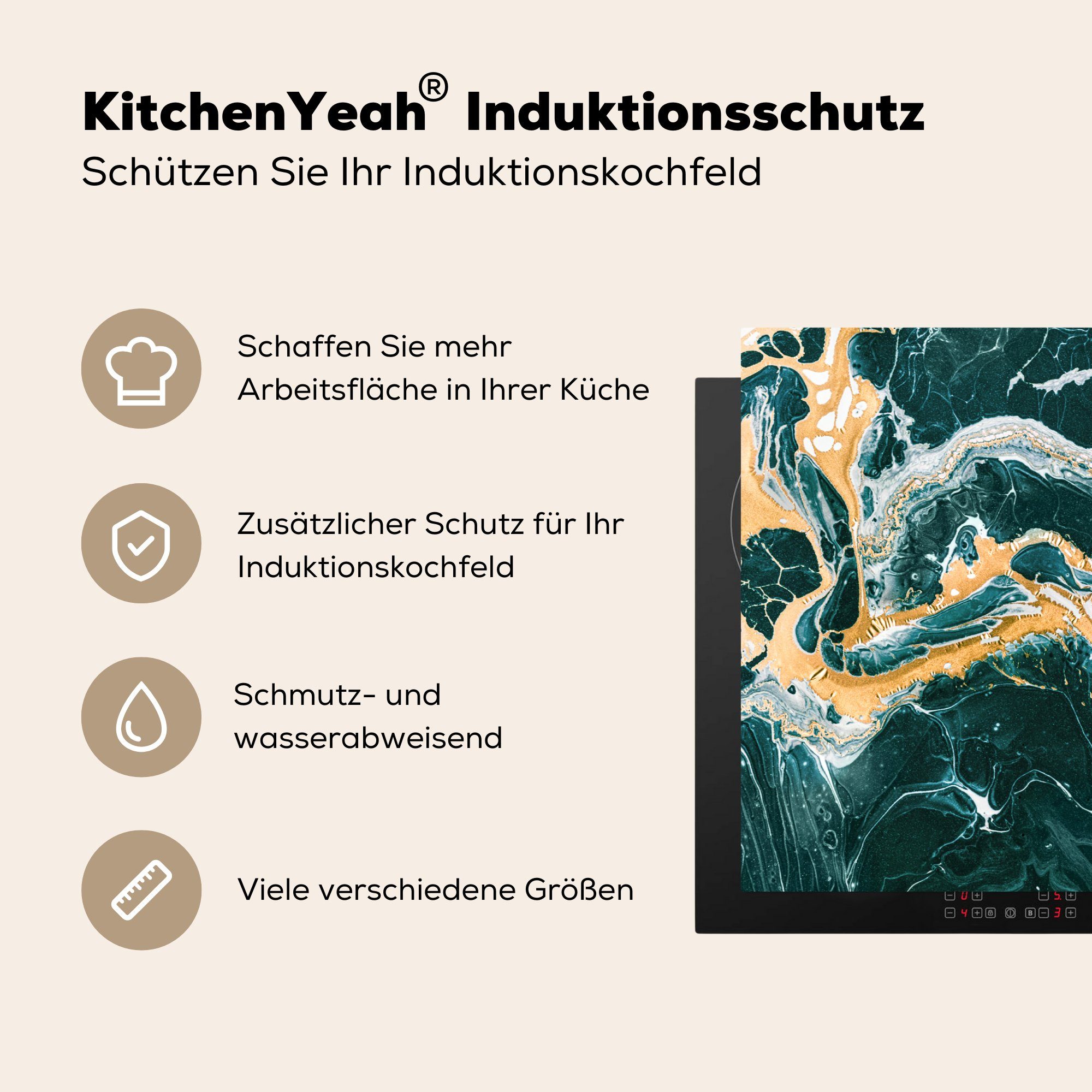 MuchoWow Herdblende-/Abdeckplatte Marmor - Aqua cm, Vinyl, 81x52 Schutz küche, Induktionskochfeld für Ceranfeldabdeckung die Golden, (1 - tlg)