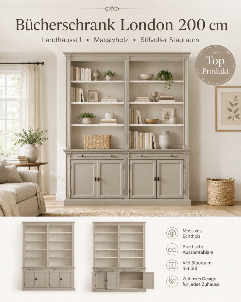 Wohnpalast Bücherregal Bücherschrank London 200 cm - 2-teiliges Bücherregal im Landhausstil
